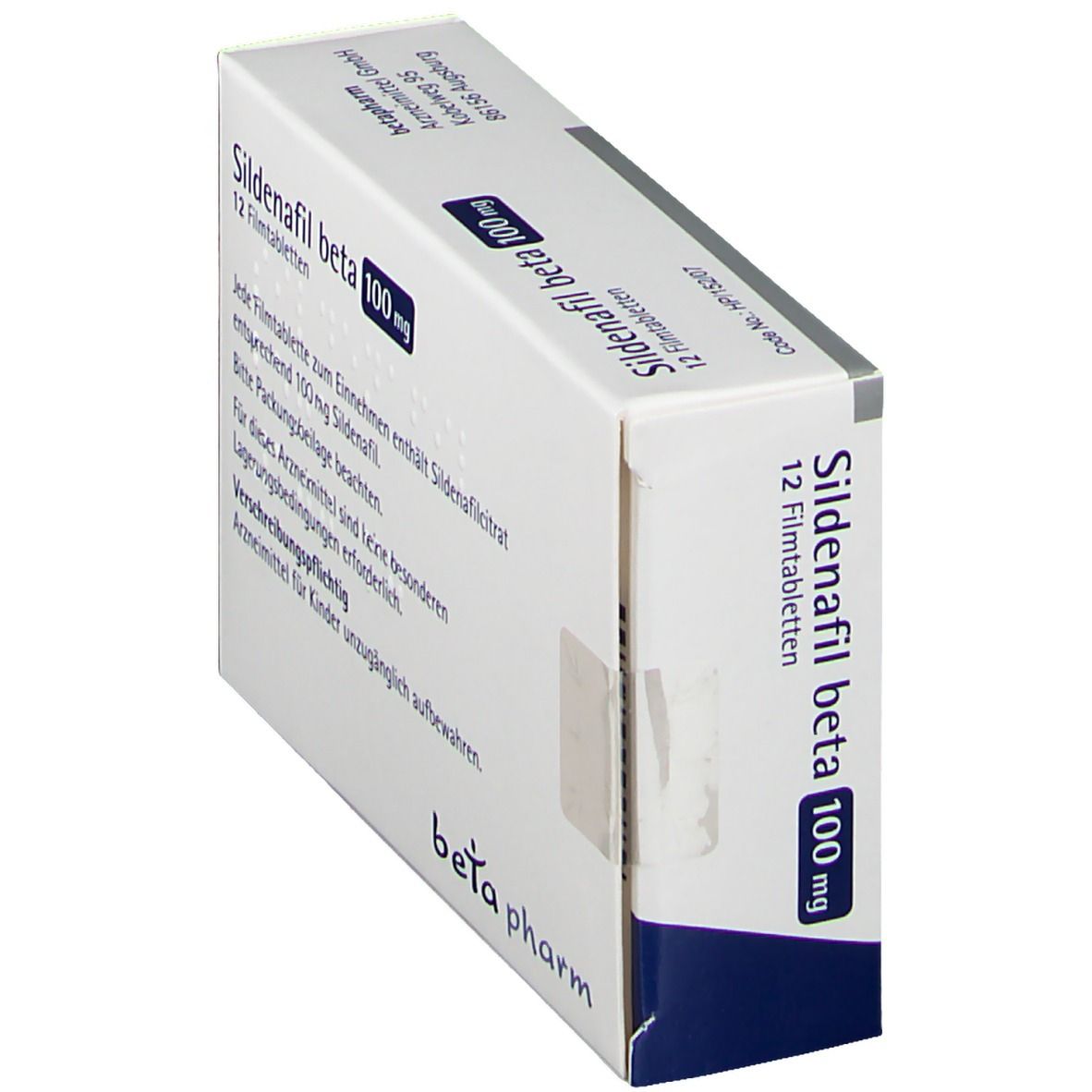 Schachtel Sildenafil beta 100 mg, 12 Filmtabletten. Marke beta pharm. Schräge Ansicht mit Text.