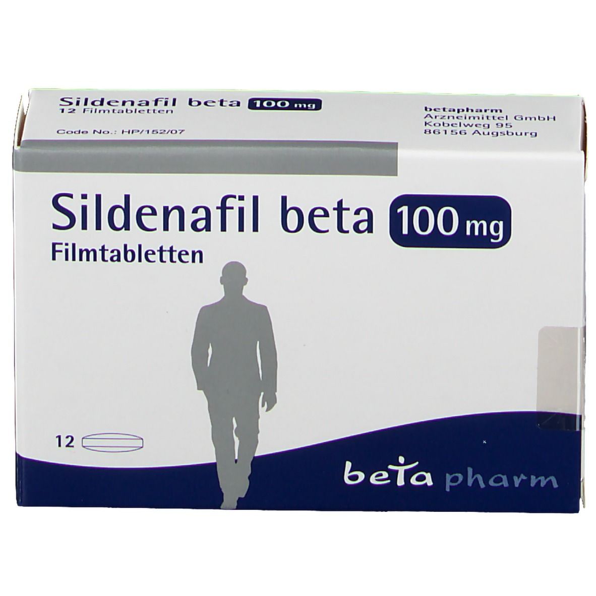 Schachtel Sildenafil beta 100 mg, 12 Filmtabletten. Marke beta pharm. Aufdruck mit Mann-Silhouette.
