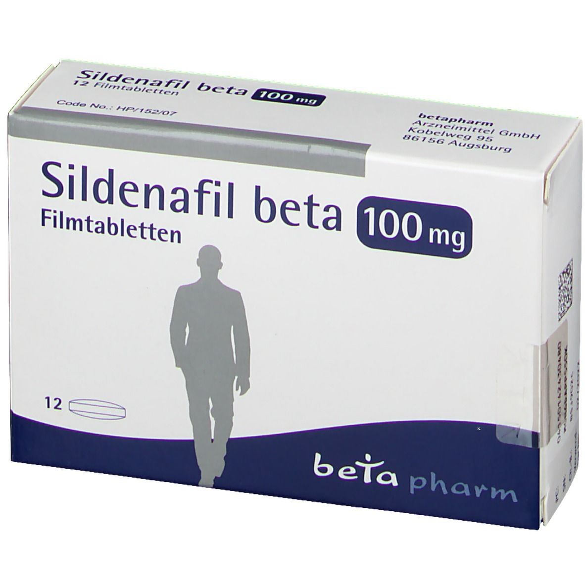 Schachtel Sildenafil beta 100 mg, 12 Filmtabletten. Marke beta pharm. Aufdruck mit Mann-Silhouette.