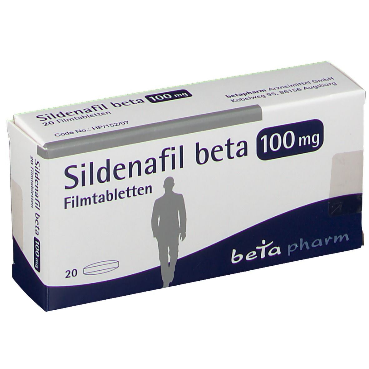 Schachtel Sildenafil beta 100 mg, 20 Filmtabletten. Weiß, blaue Akzente, Mann-Silhouette. Marke: beta pharm.