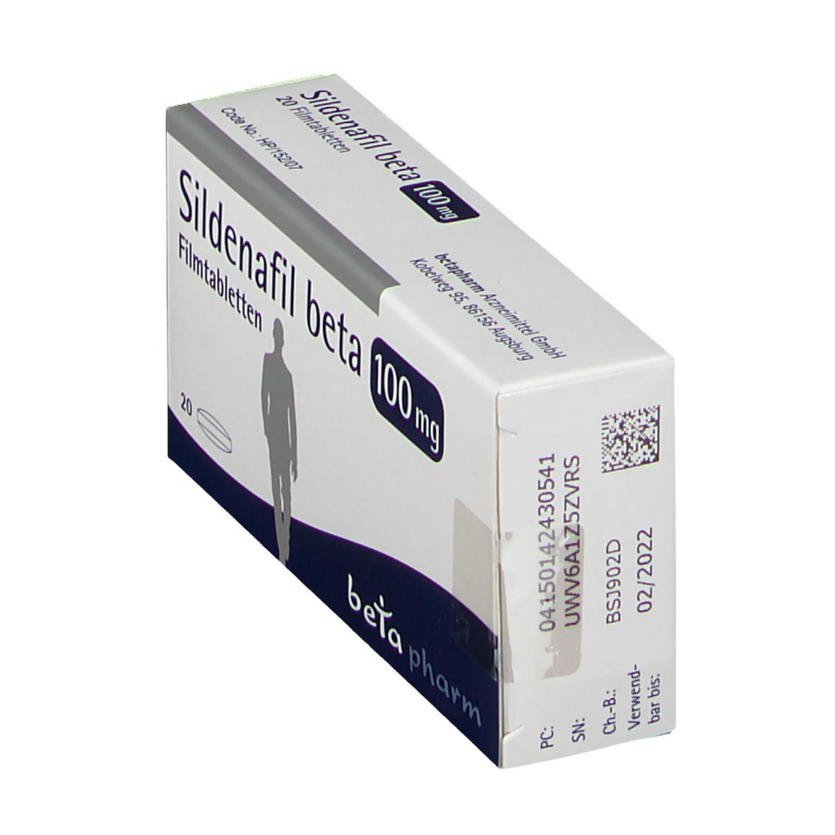Schachtel Sildenafil beta 100 mg. Weiß, blaue Akzente, QR-Code, Verfallsdatum. Marke: beta pharm.