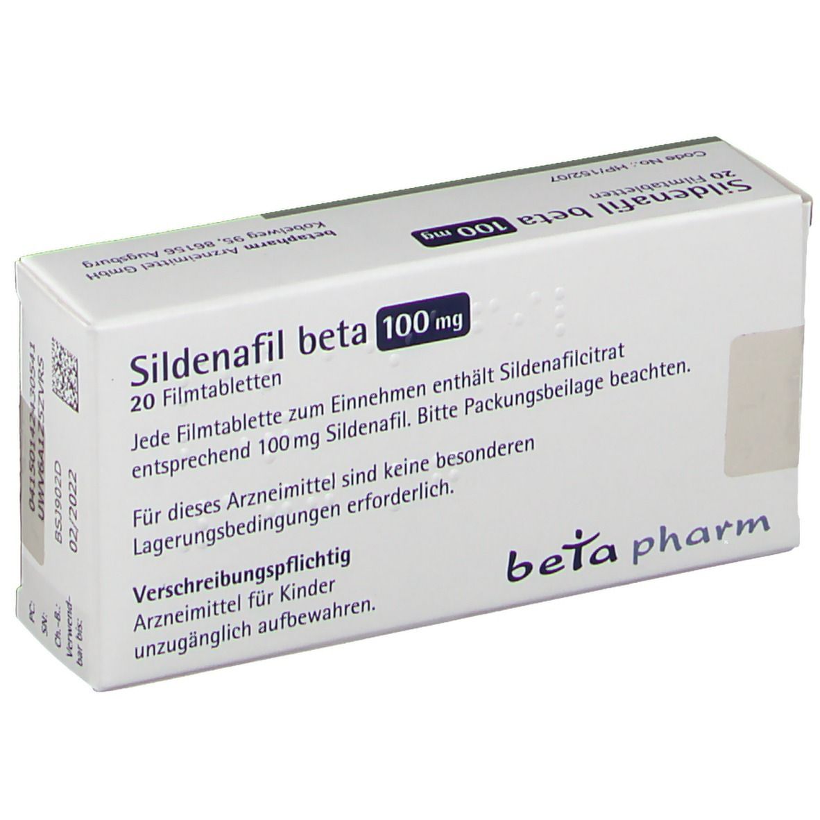 Schachtel Sildenafil beta 100 mg, 20 Filmtabletten. Text auf Deutsch. Marke: beta pharm.