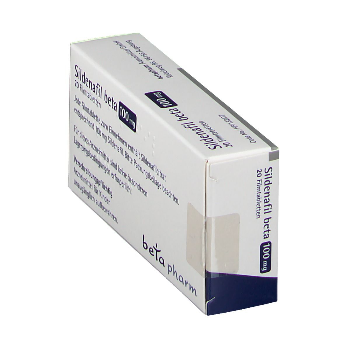 Schachtel Sildenafil beta 100 mg, 20 Filmtabletten. Marke: beta pharm. Blaue Ecke.