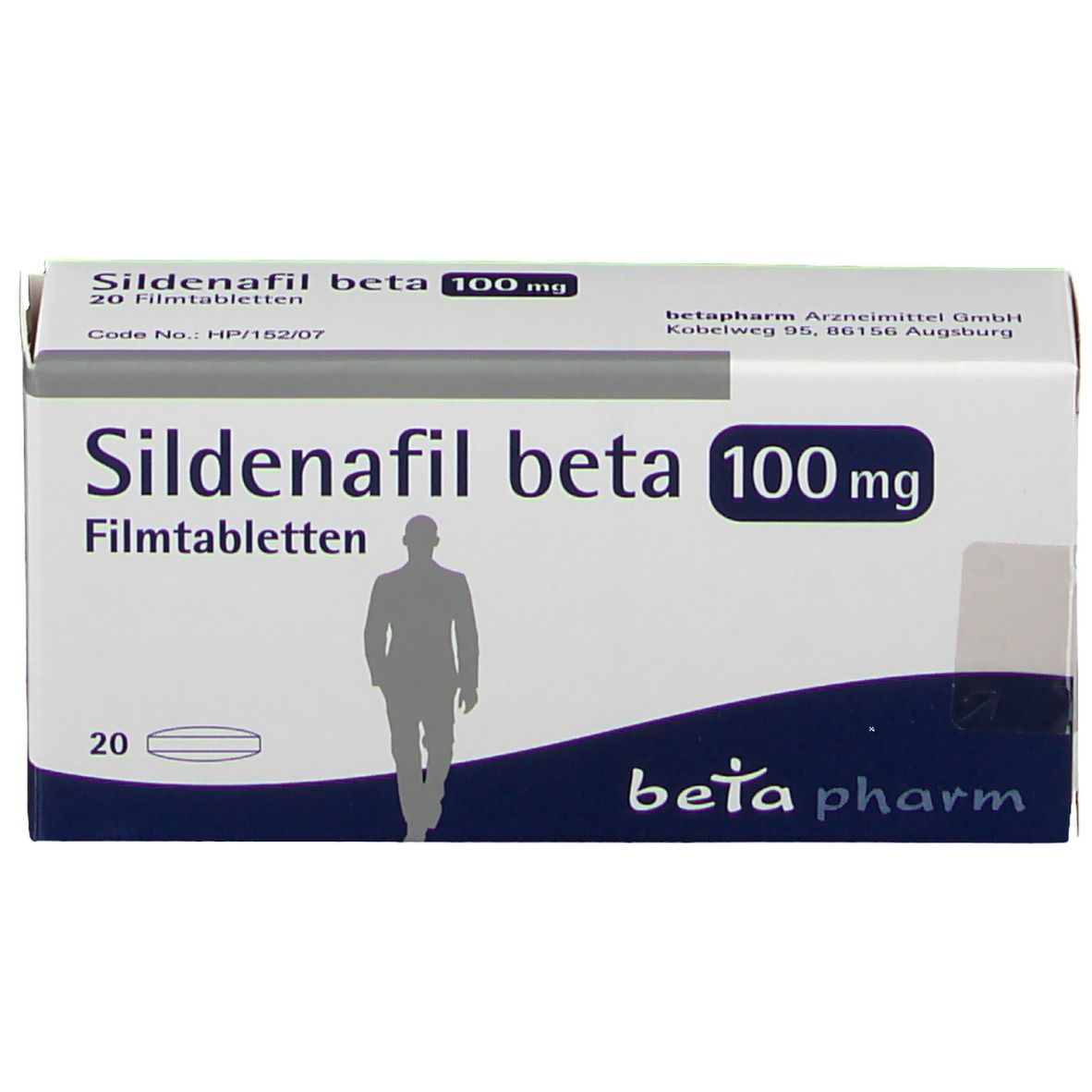 Schachtel Sildenafil beta 100 mg, 20 Filmtabletten. Mann-Silhouette. Marke: beta pharm.