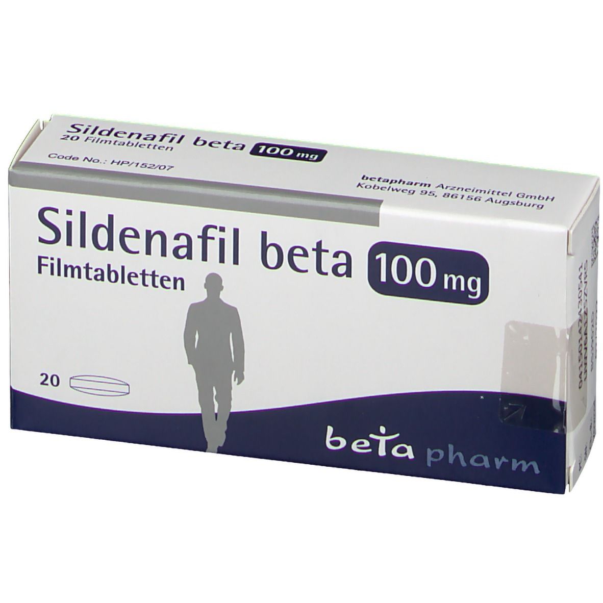 Schachtel Sildenafil beta 100 mg, 20 Filmtabletten. Marke: beta pharm. Text.
