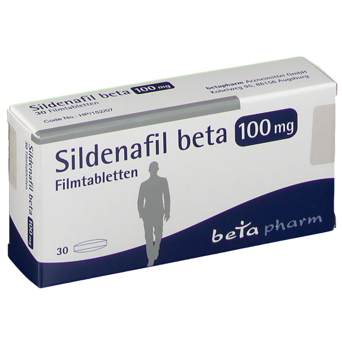 Schachtel mit Sildenafil beta 100 mg. Aufschrift: 30 Filmtabletten. Logo: beta pharm. Abbildung eines Mannes.