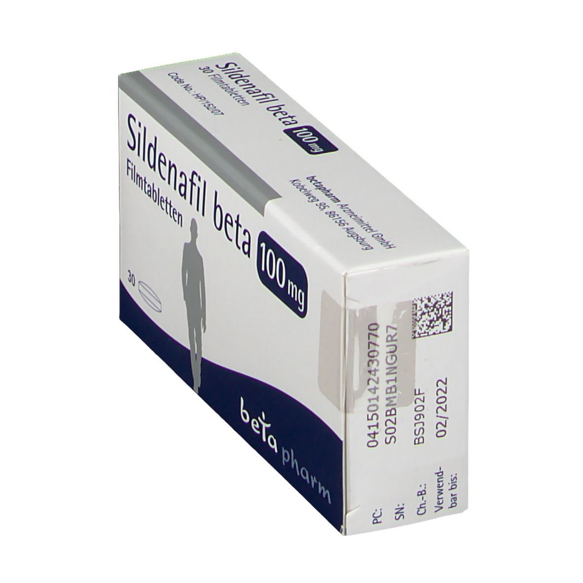 Schachtel Sildenafil beta 100 mg. Aufschrift: 30 Filmtabletten. Logo: beta pharm. QR-Code und Verfallsdatum.