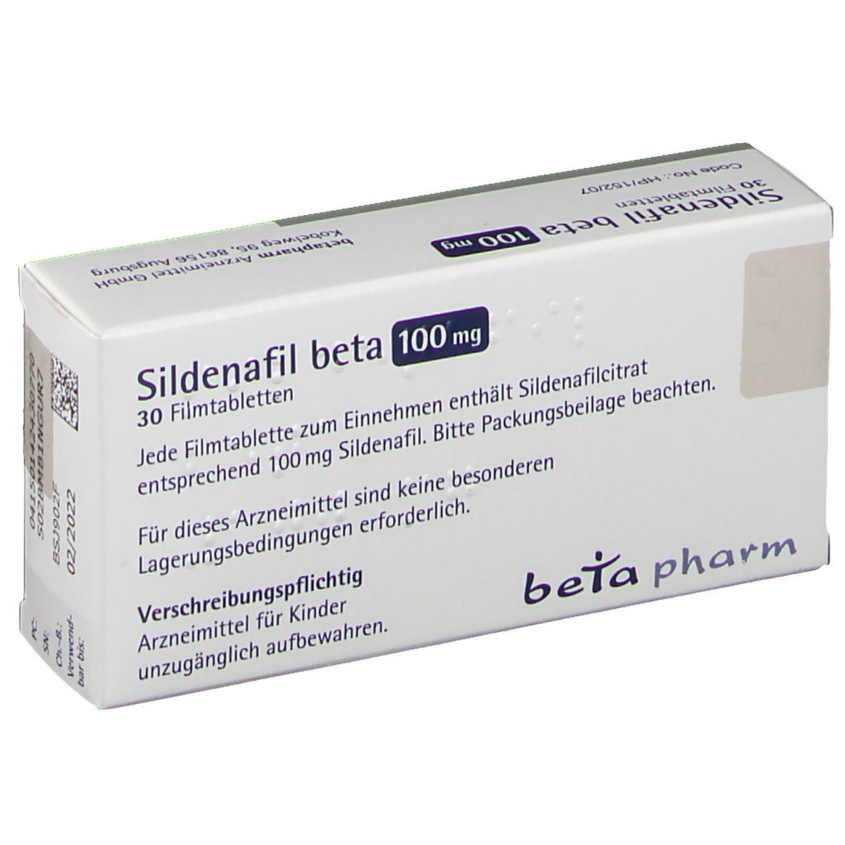 Schachtel Sildenafil beta 100 mg. Aufschrift: 30 Filmtabletten. Textinformationen. Logo: beta pharm. Verfallsdatum.