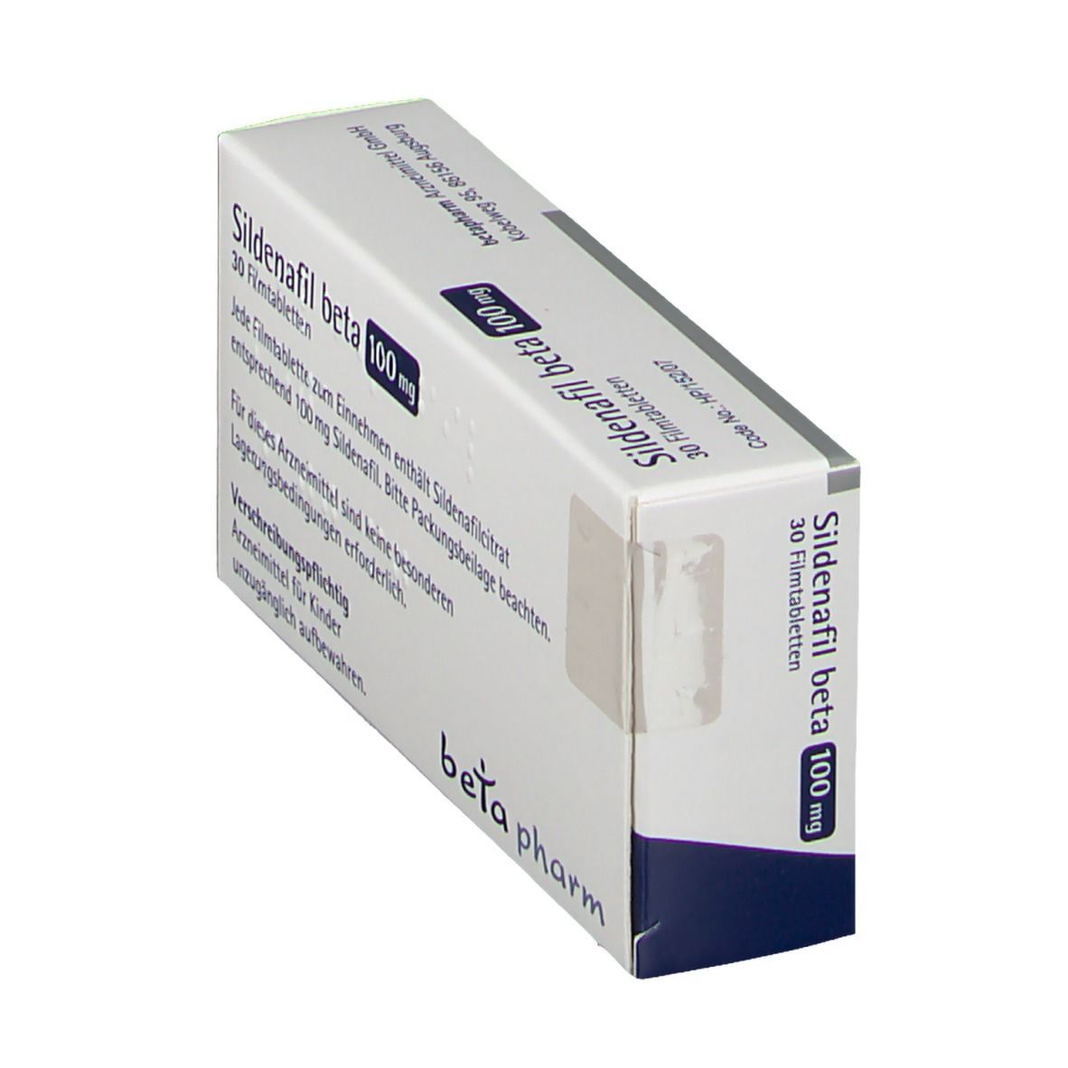 Schachtel Sildenafil beta 100 mg. Aufschrift: 30 Filmtabletten. Logo: beta pharm. Ecke mit blauem Streifen.