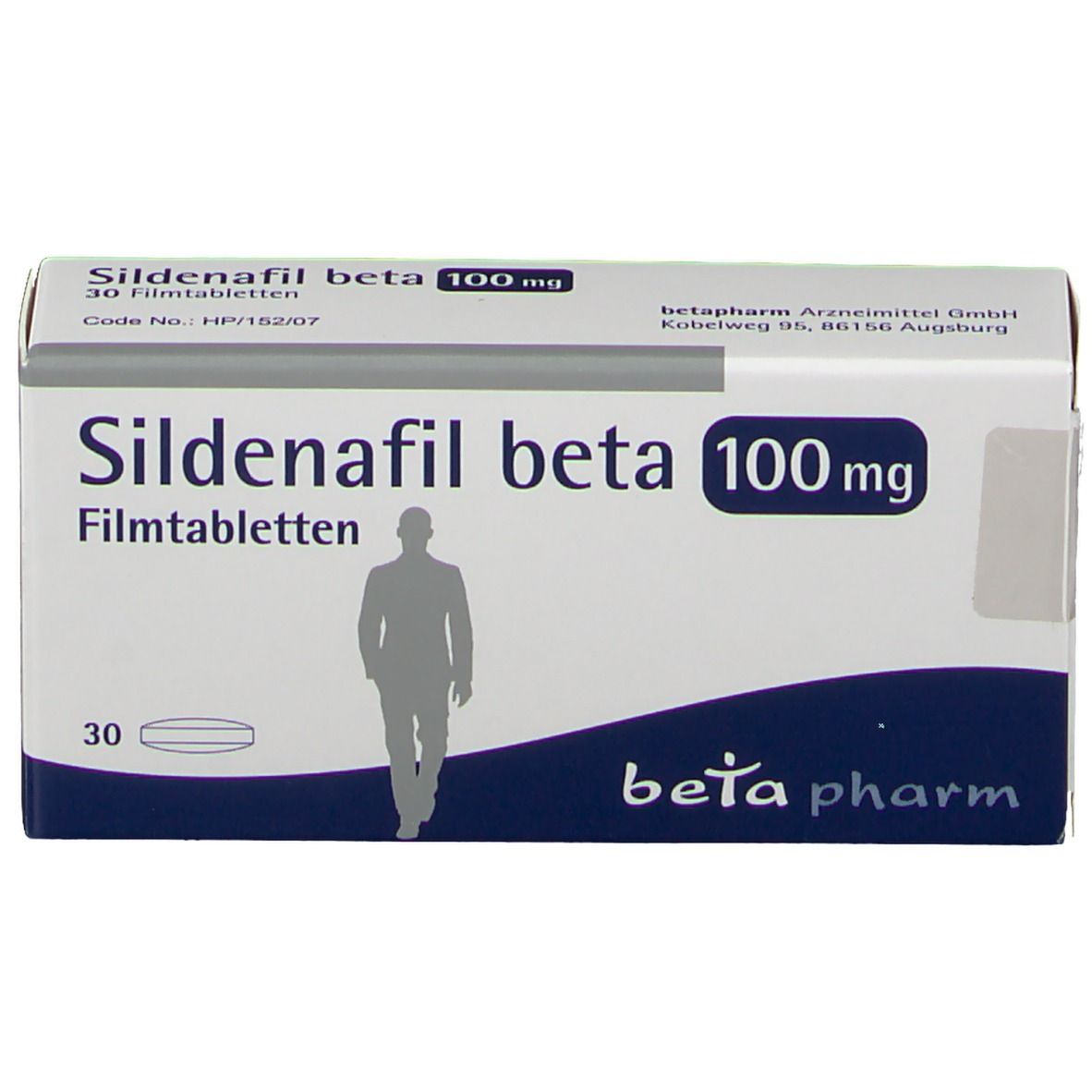 Schachtel Sildenafil beta 100 mg. Aufschrift: 30 Filmtabletten. Logo: beta pharm. Abbildung eines Mannes.