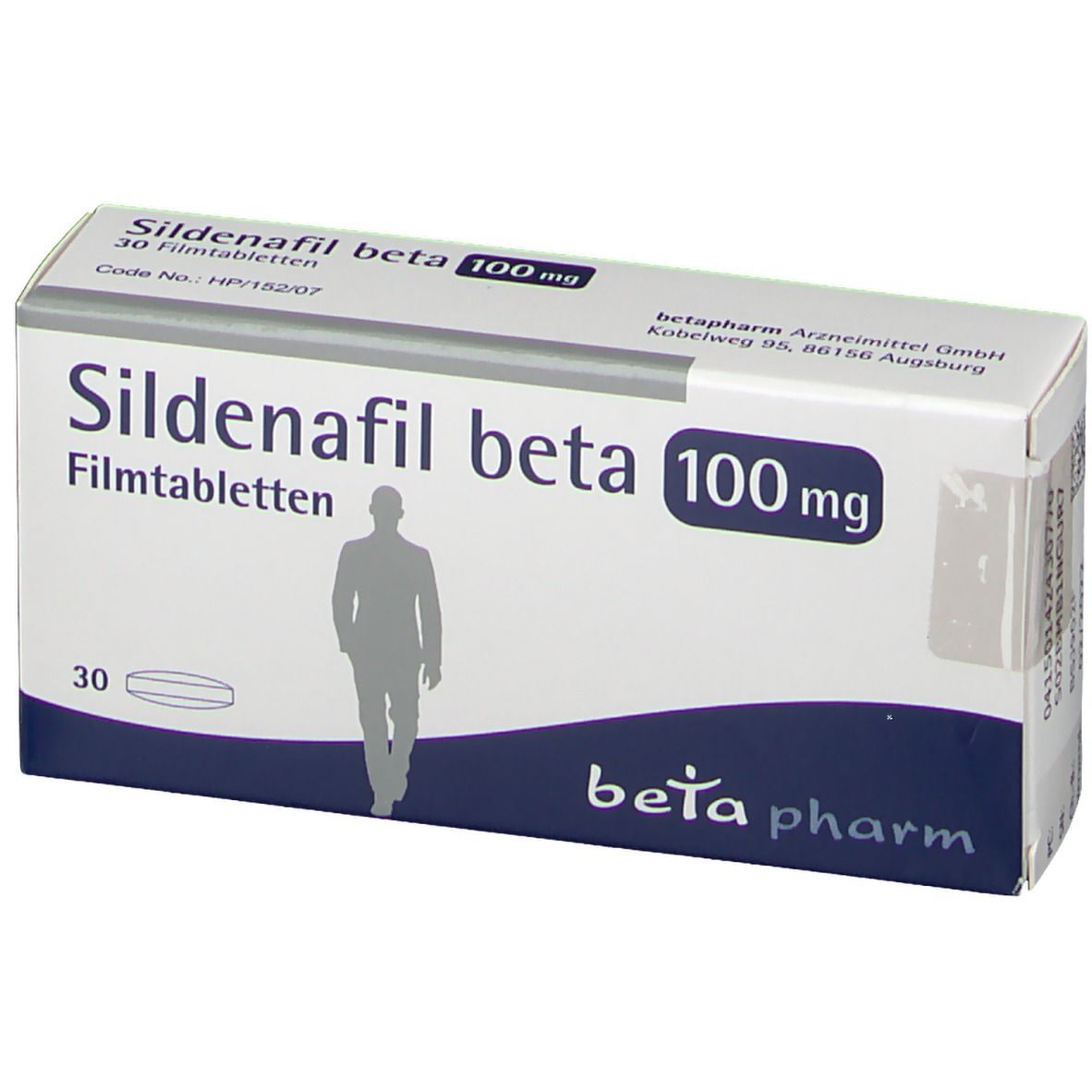 Schachtel Sildenafil beta 100 mg. Aufschrift: 30 Filmtabletten. Logo: beta pharm. Abbildung eines Mannes.