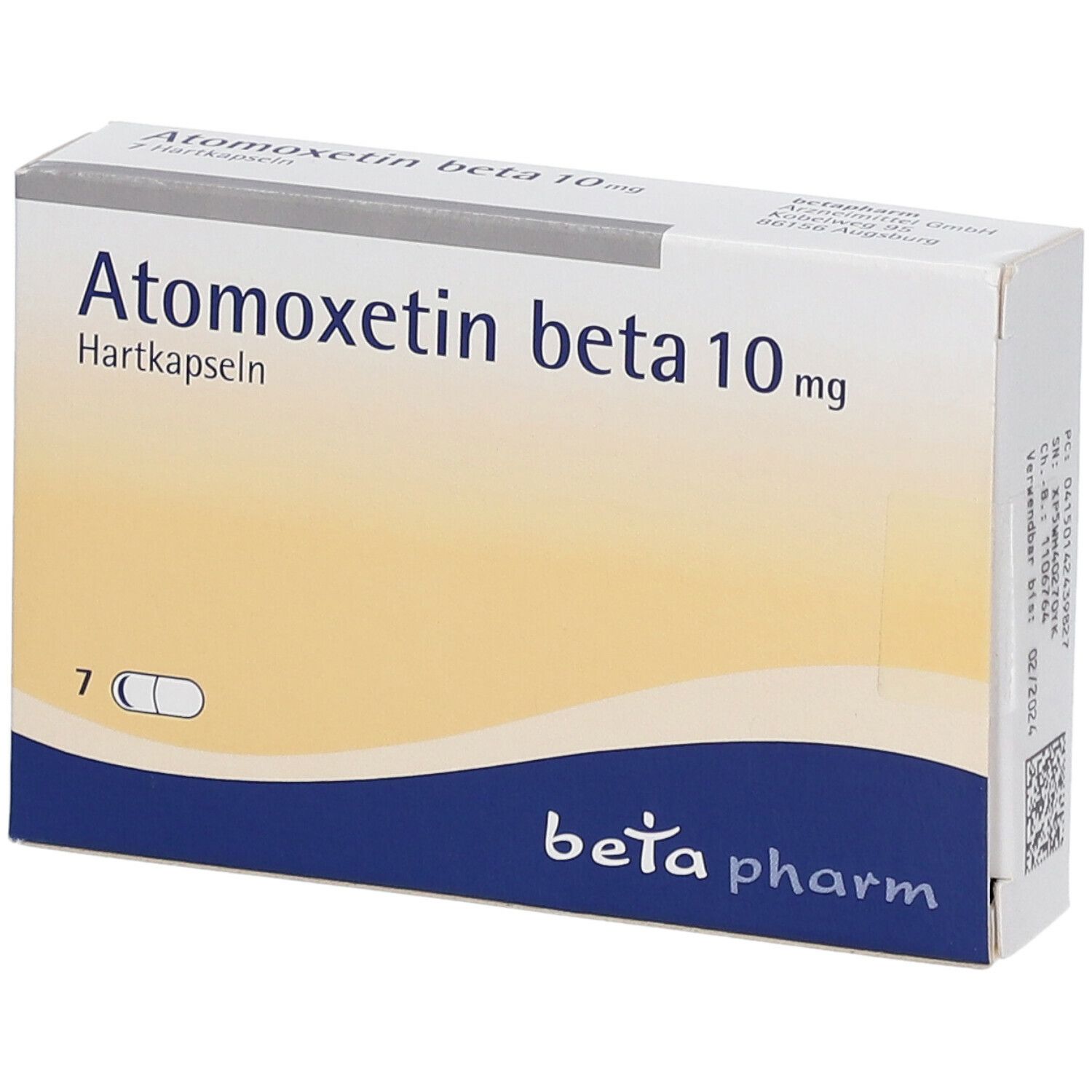 Schachtel mit Atomoxetin beta 10 mg Hartkapseln. 7 Kapseln sind abgebildet. Blaue und gelbe Farbgebung, beta pharm Logo.