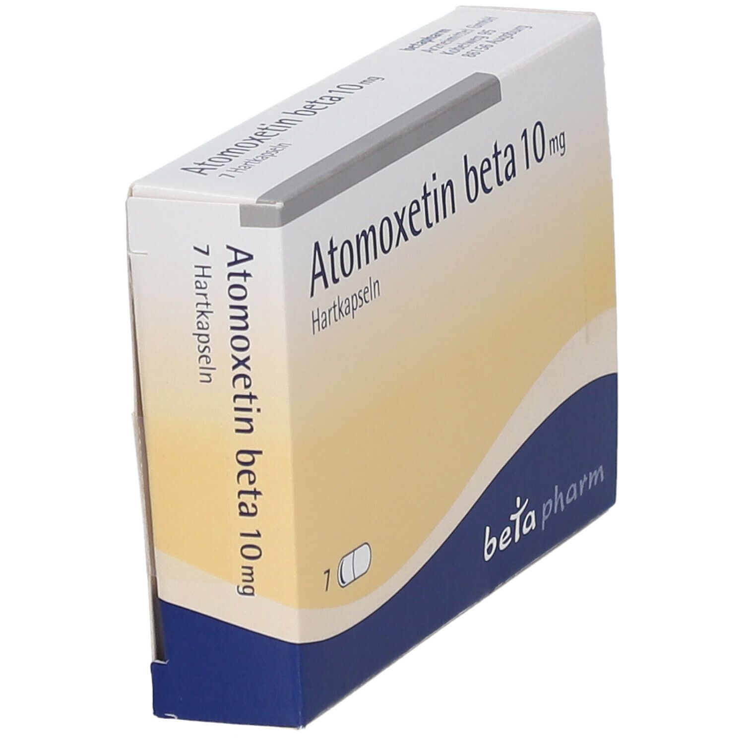 Schachtel mit Atomoxetin beta 10 mg Hartkapseln. 7 Kapseln sind abgebildet. Blaue und gelbe Farbgebung, beta pharm Logo.