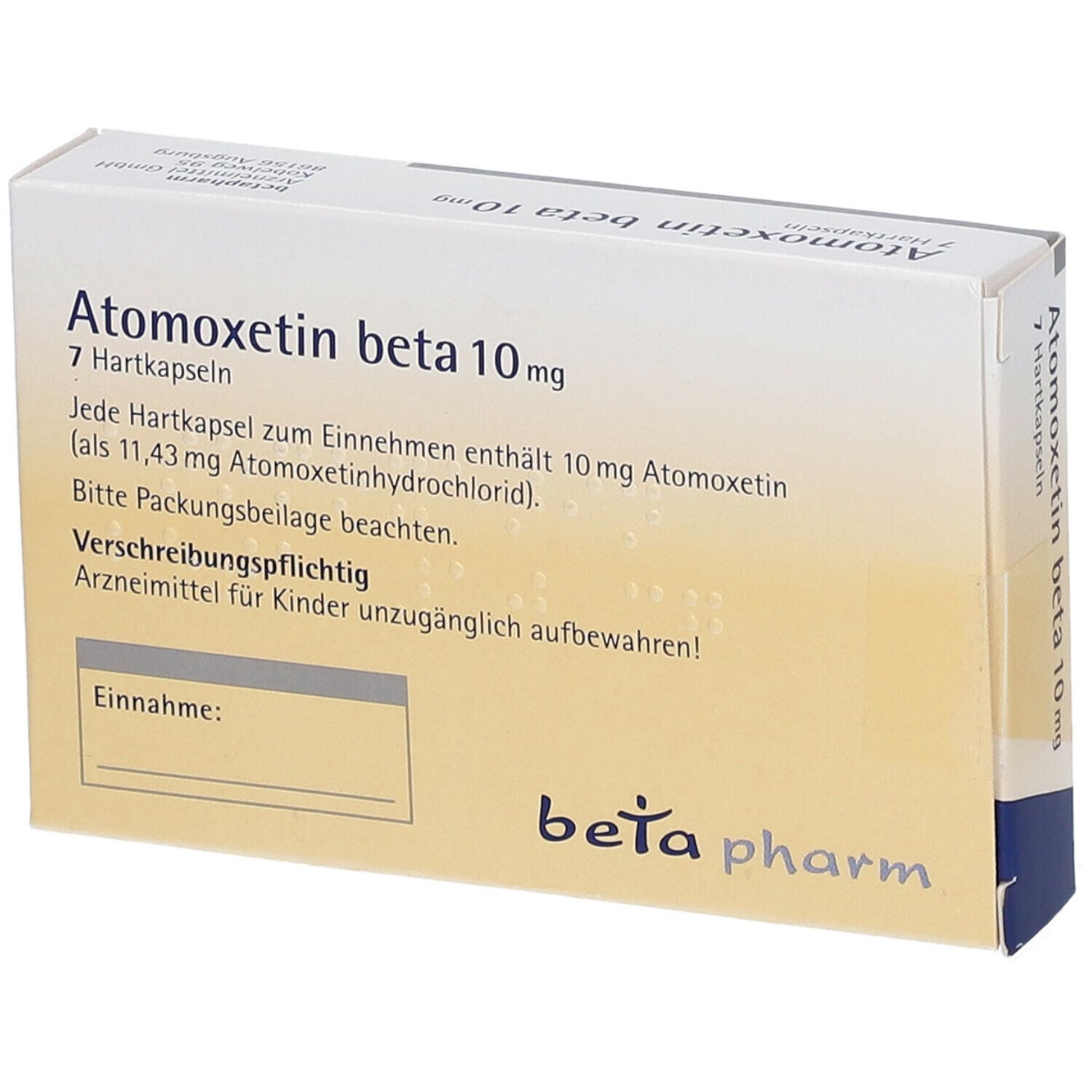 Schachtel mit Atomoxetin beta 10 mg Hartkapseln. Text und Logo beta pharm. Enthält 7 Kapseln. Gelb-blaue Farbgebung.