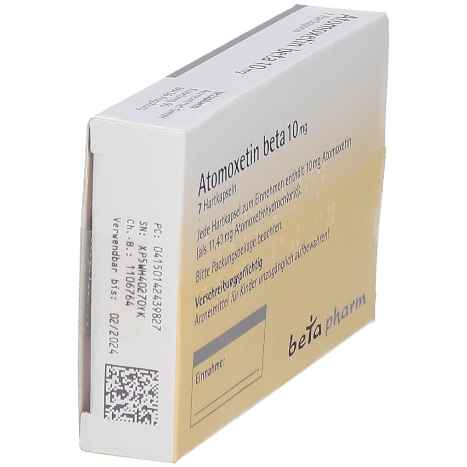 Schachtel mit Atomoxetin beta 10 mg Hartkapseln. Text und Logo beta pharm. Enthält 7 Kapseln. Gelb-blaue Farbgebung.