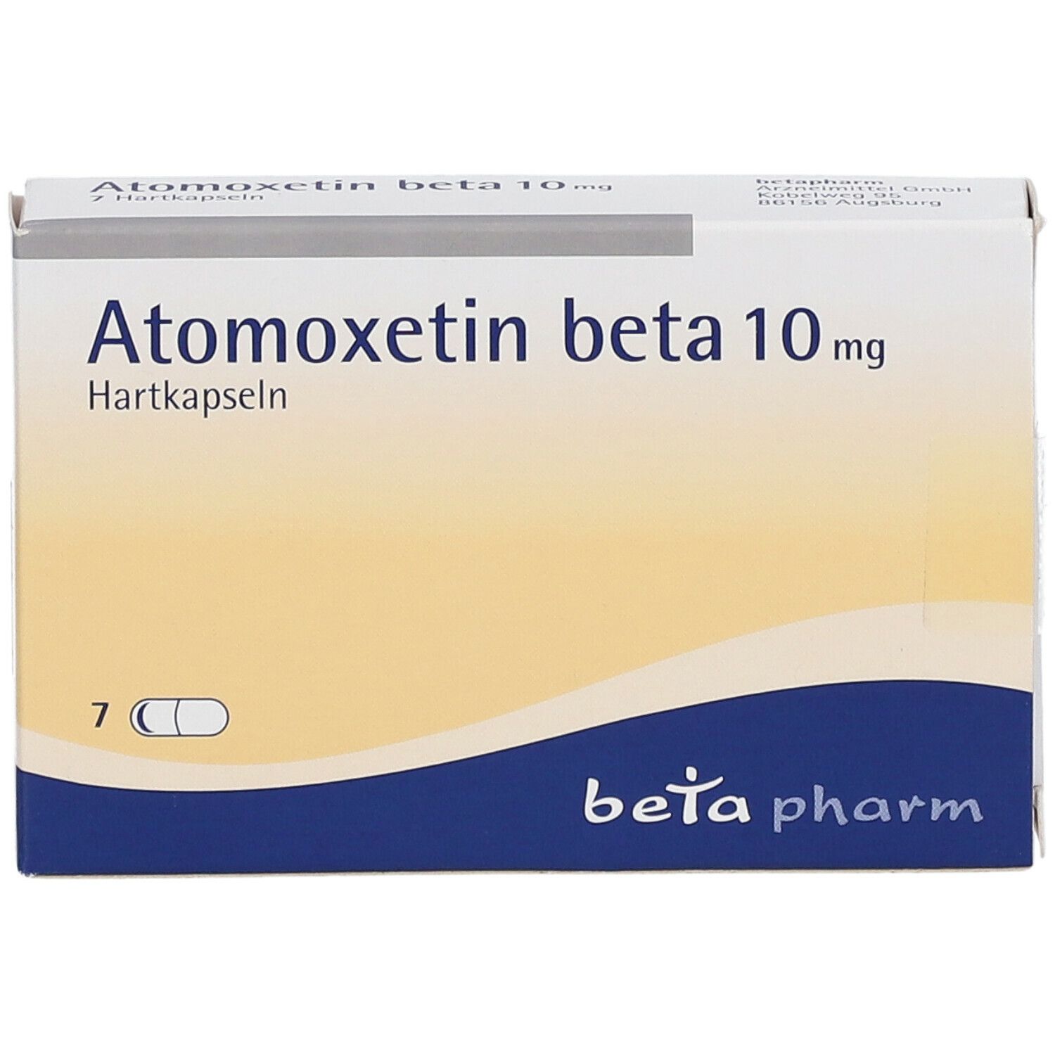 Schachtel mit Atomoxetin beta 10 mg Hartkapseln. 7 Kapseln sind abgebildet. Blaue und gelbe Farbgebung, beta pharm Logo.