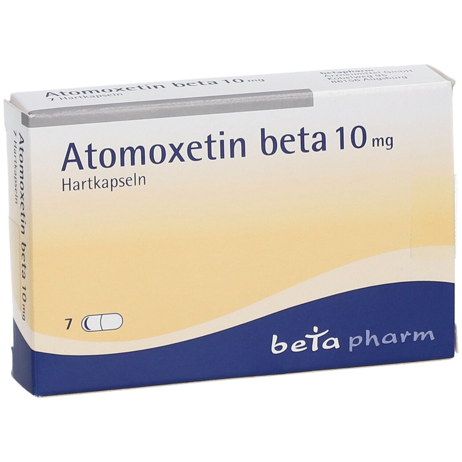 Schachtel mit Atomoxetin beta 10 mg Hartkapseln. 7 Kapseln sind abgebildet. Blaue und gelbe Farbgebung, beta pharm Logo.
