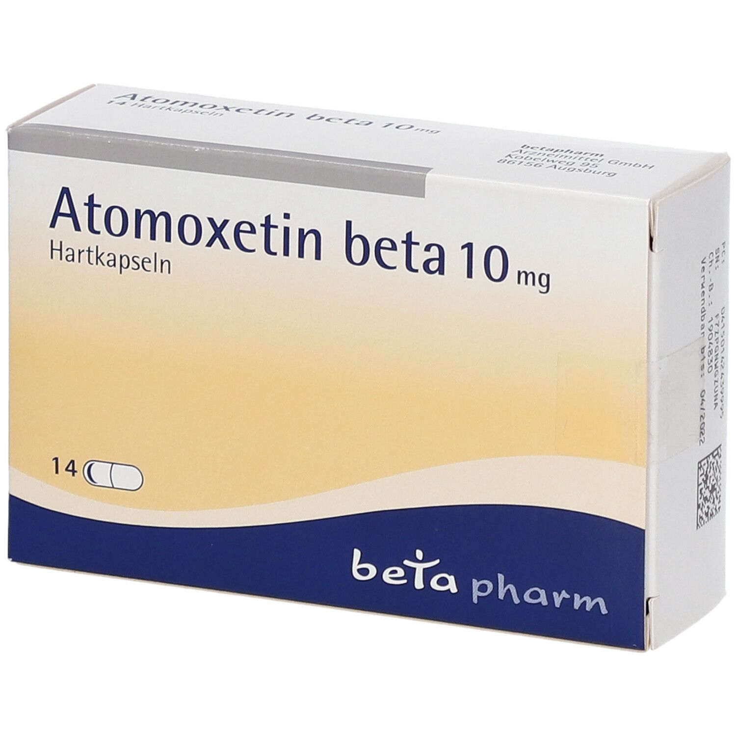 Atomoxetin beta 10 mg Hartkapseln-Packung. 14 Kapseln. Blaue und gelbe Verpackung. Beta pharm Logo.