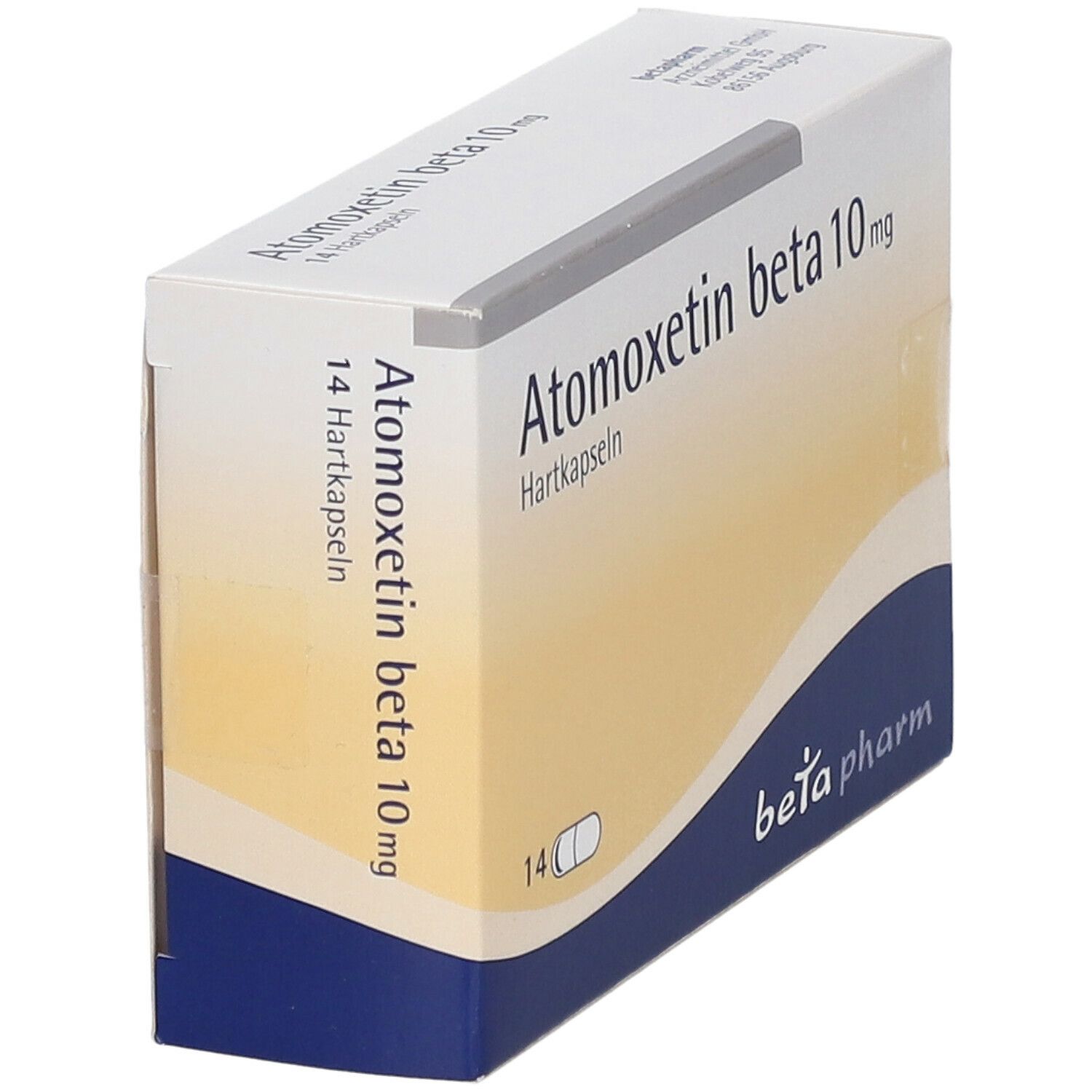 Atomoxetin beta 10 mg Packung, schräg. 14 Hartkapseln. Blaue und gelbe Verpackung. Beta pharm Logo.