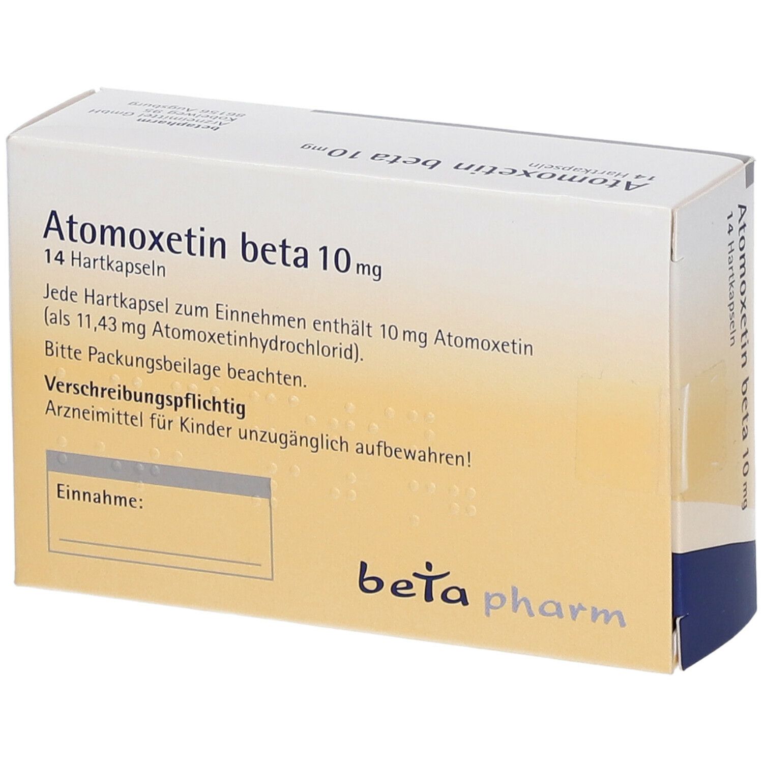Atomoxetin beta 10 mg Packung. Textinformationen auf der Verpackung. Beta pharm Logo. 14 Hartkapseln.