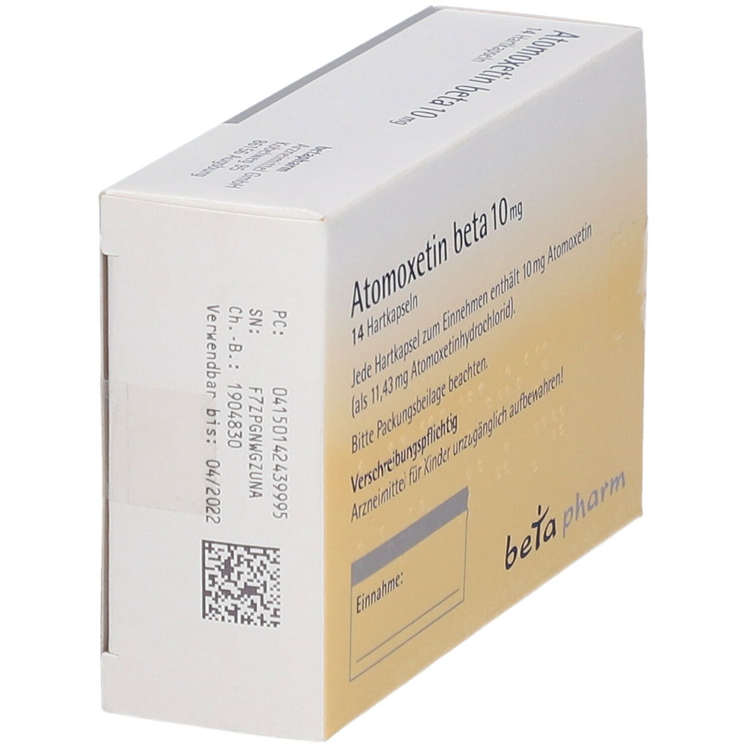 Atomoxetin beta 10 mg Packung, Rückseite. Textinformationen. Beta pharm Logo. 14 Hartkapseln.