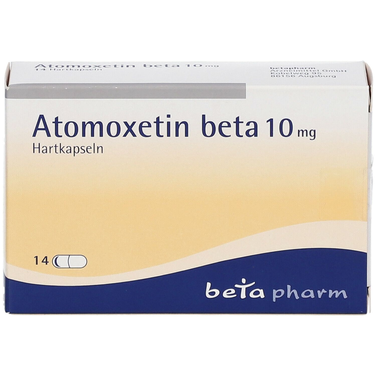 Atomoxetin beta 10 mg Packung. 14 Hartkapseln. Blaue und gelbe Verpackung. Beta pharm Logo.