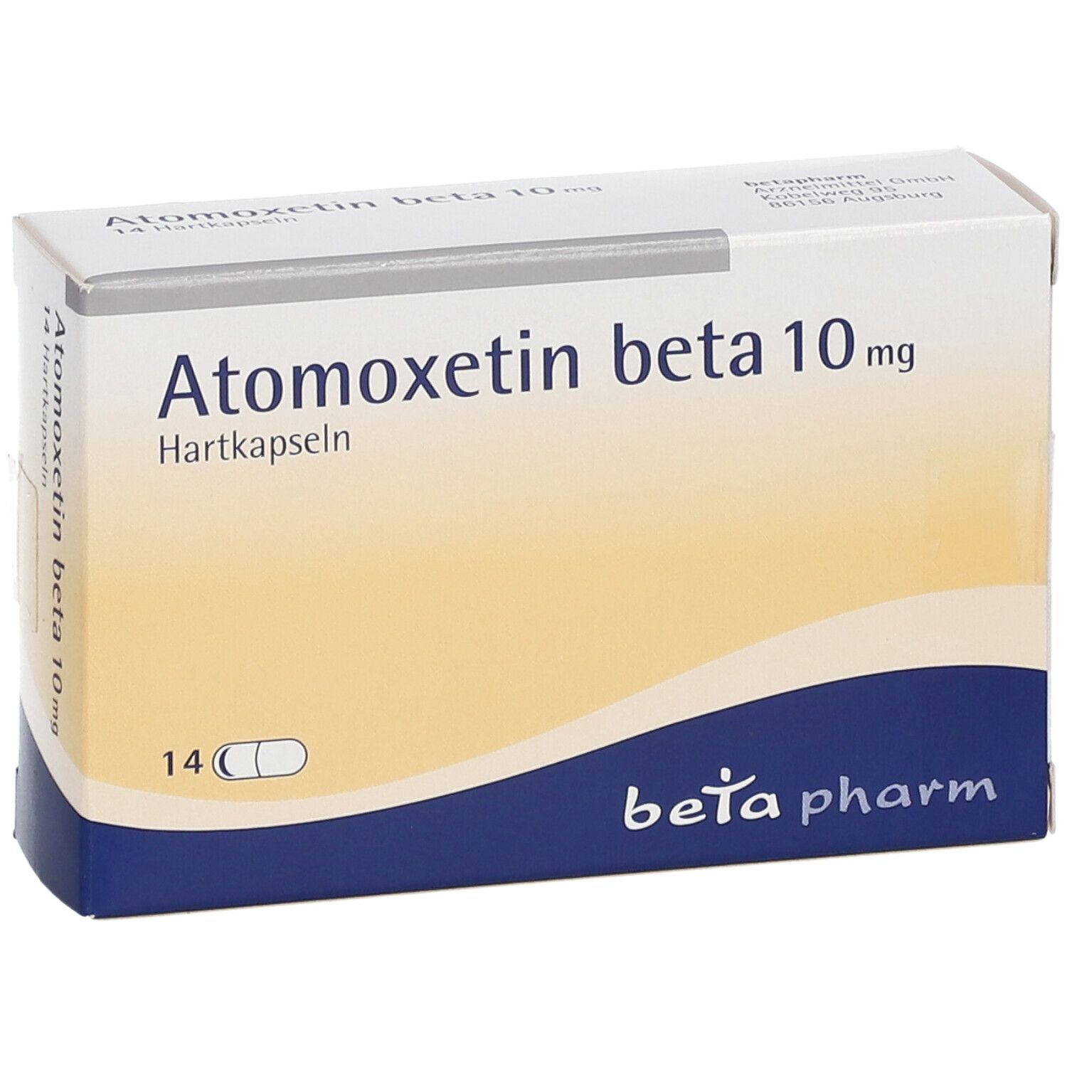 Atomoxetin beta 10 mg Packung. 14 Hartkapseln. Blaue und gelbe Verpackung. Beta pharm Logo.