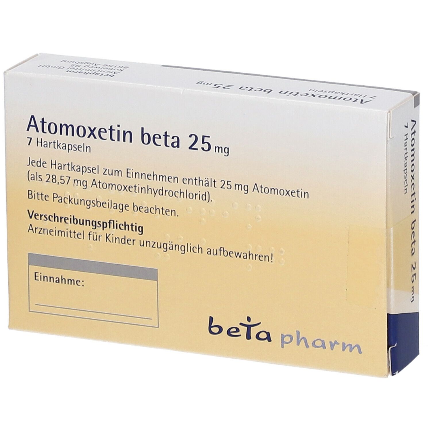 Packung Atomoxetin beta 25 mg. 7 Hartkapseln. Text: 'Verschreibungspflichtig'. Beta pharm Logo. Textfeld für Einnahme.