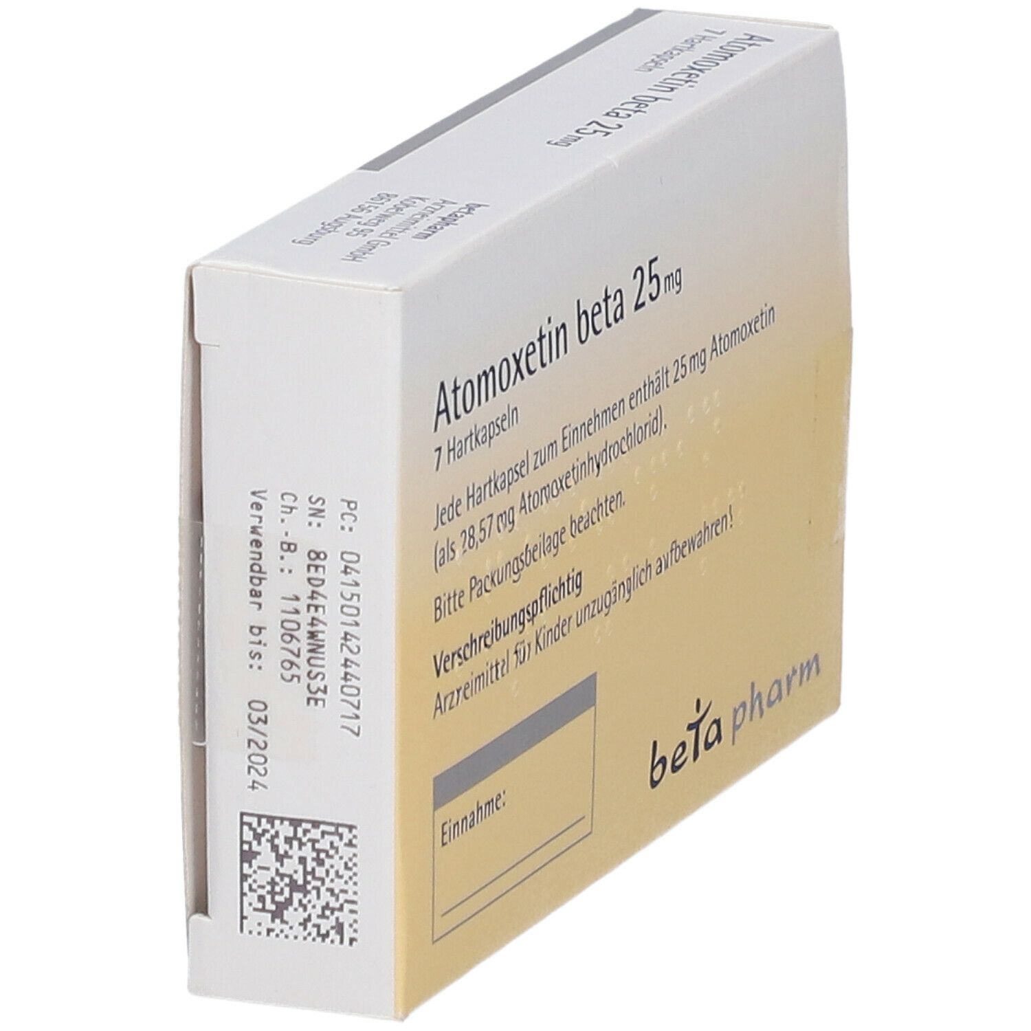 Schräg gestellte Packung Atomoxetin beta 25 mg. 7 Hartkapseln. Beta pharm Logo. Text: 'Verschreibungspflichtig'.