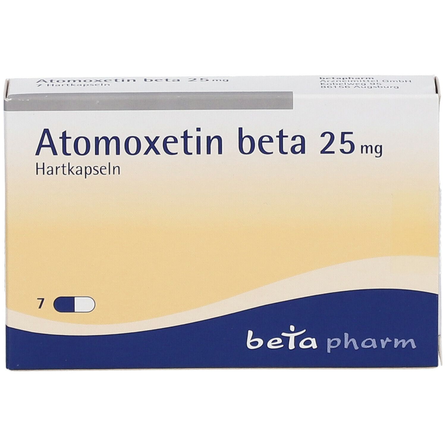 Packung Atomoxetin beta 25 mg. 7 Hartkapseln. Blaue und weiße Kapsel abgebildet. Beta pharm Logo.