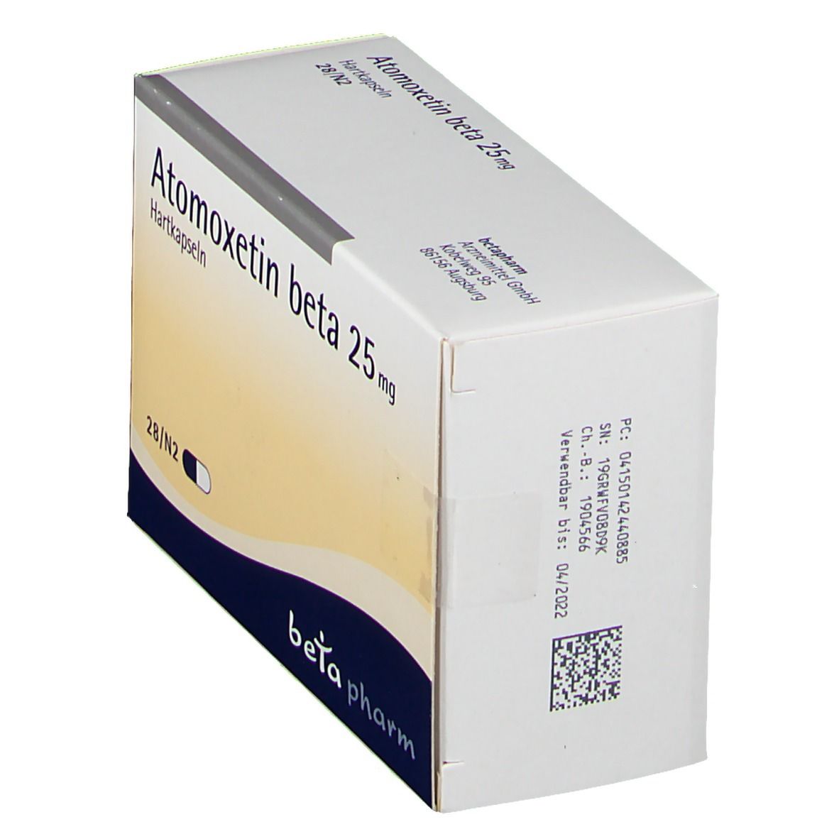 Schachtel Atomoxetin beta 25 mg, Seitenansicht. Aufschrift: 28/N2. Marke: beta pharm. Mit Barcode.