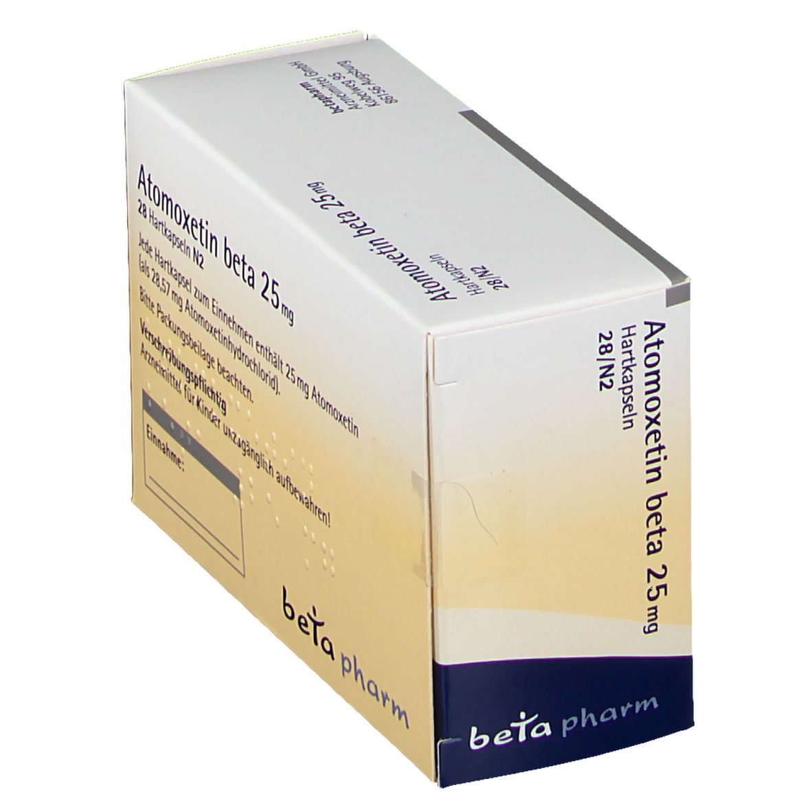 Schachtel Atomoxetin beta 25 mg, schräg. Aufschrift: 28/N2. Marke: beta pharm. Enthält 25 mg Atomoxetin.
