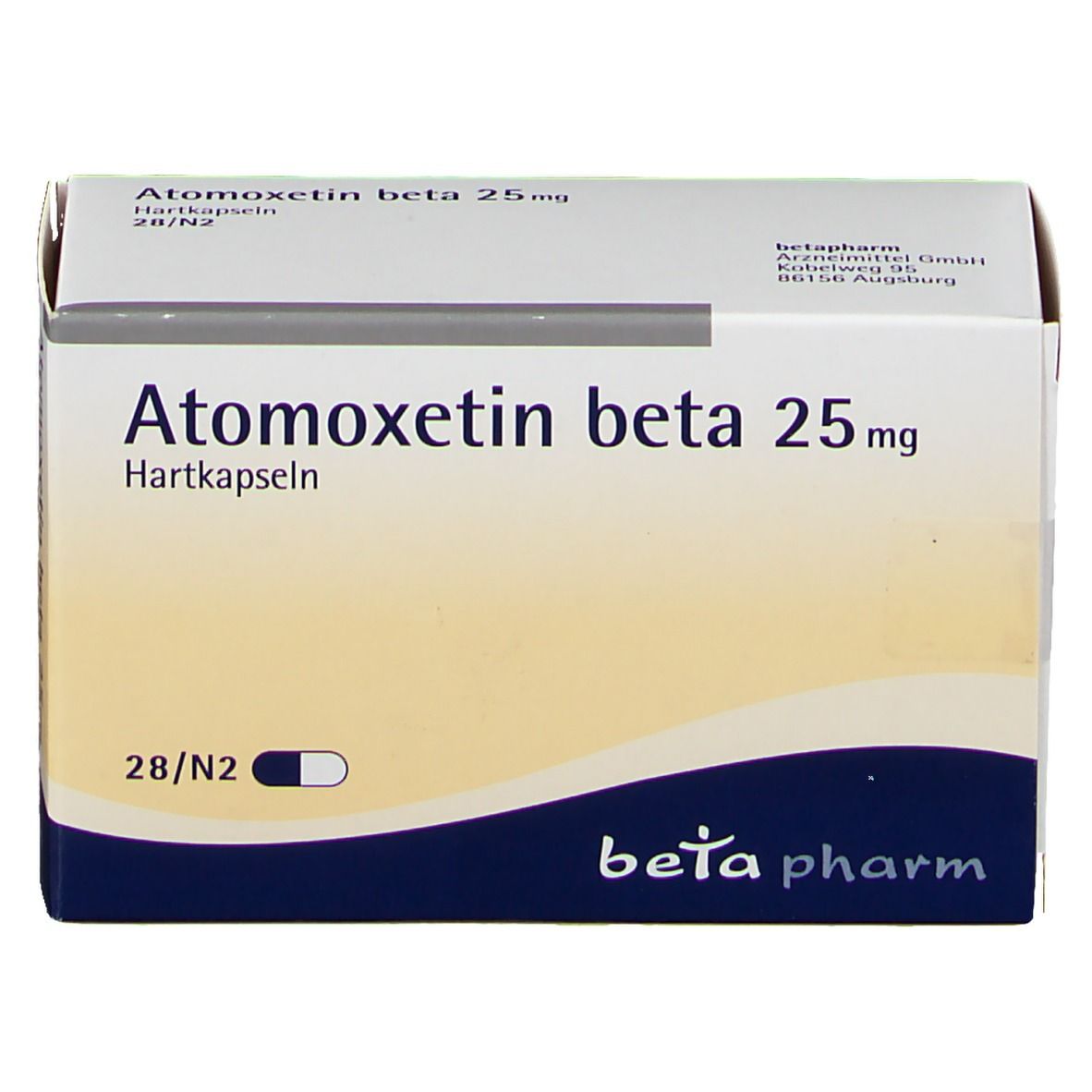 Schachtel Atomoxetin beta 25 mg. Aufschrift: 28/N2. Marke: beta pharm. Hartkapseln.