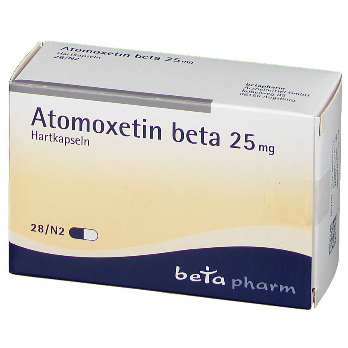 Schachtel Atomoxetin beta 25 mg. Aufschrift: 28/N2. Marke: beta pharm. Hartkapseln.