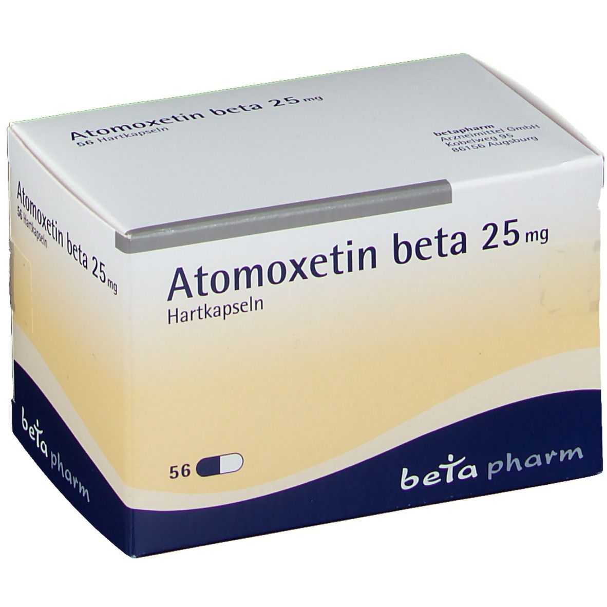 Weißer Karton mit Aufschrift Atomoxetin beta 25 mg. Blaue und weiße Kapsel-Illustration. Marke: beta pharm.