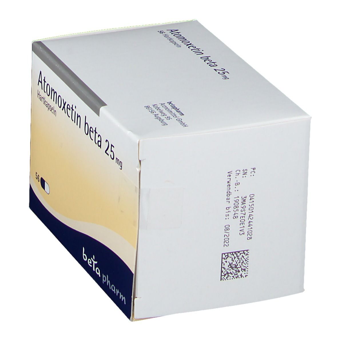 Weißer Karton mit Atomoxetin beta 25 mg. Rückseite mit Text und Barcode. Marke: beta pharm.