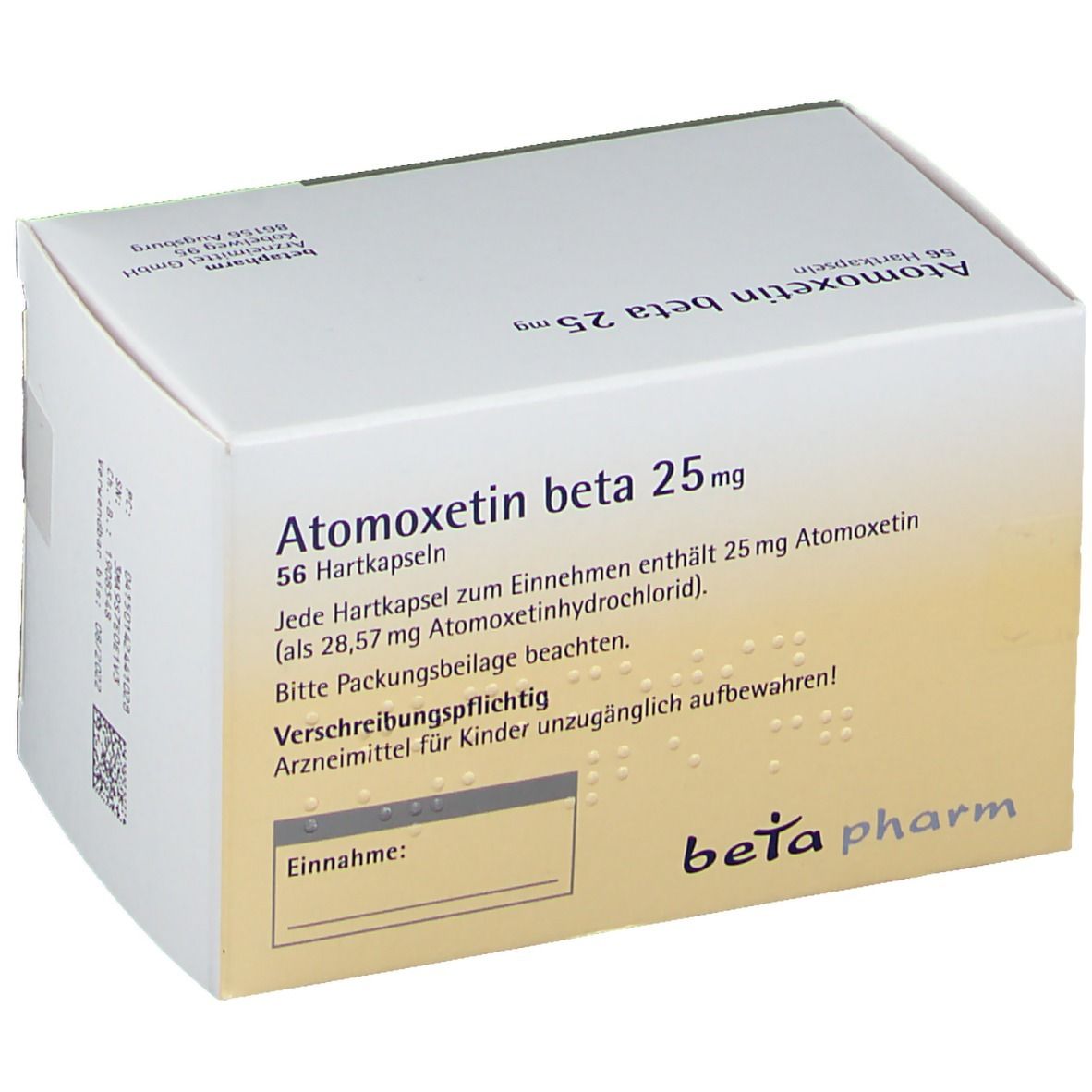Weißer Karton mit Atomoxetin beta 25 mg. Text auf gelbem Hintergrund. Marke: beta pharm.