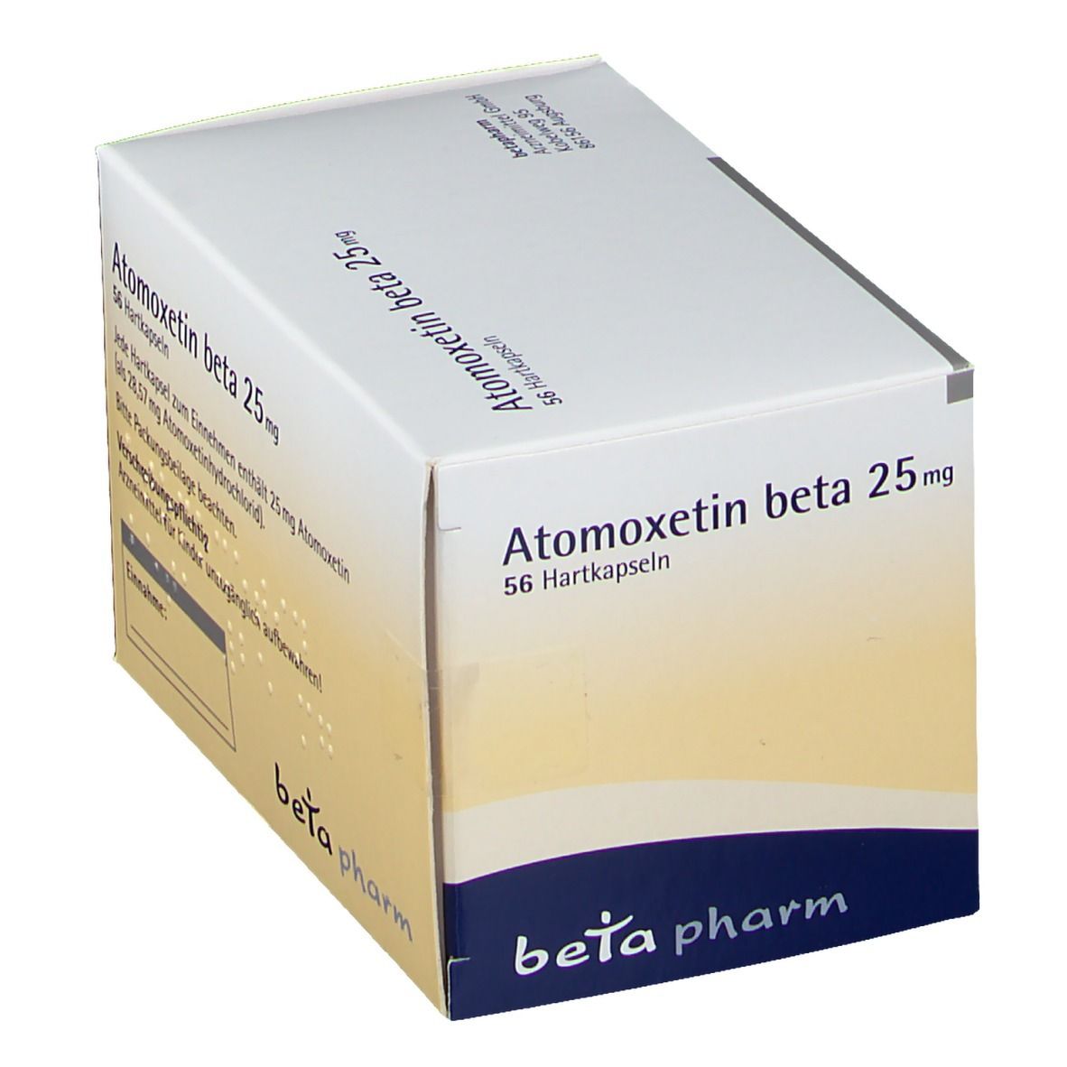 Weißer Karton mit Atomoxetin beta 25 mg. Blaue und weiße Kapsel-Illustration. Marke: beta pharm.
