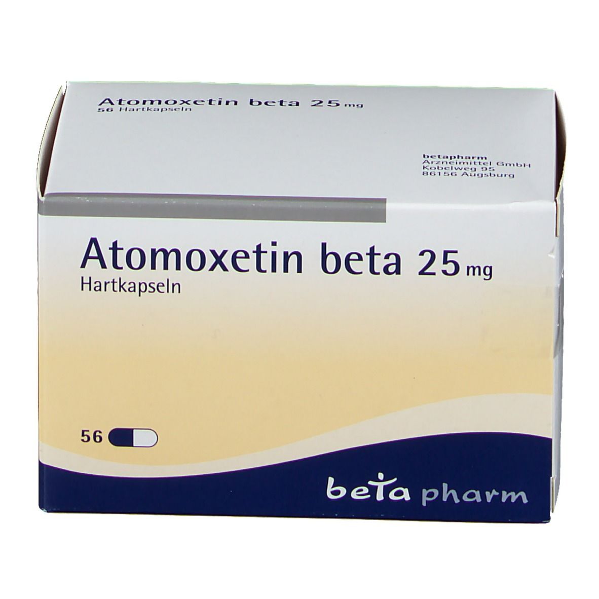 Weißer Karton mit Atomoxetin beta 25 mg. Blaue und weiße Kapsel-Illustration. Marke: beta pharm.