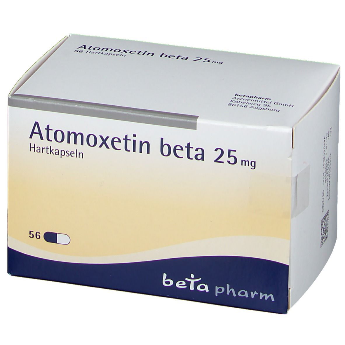 Weißer Karton mit Atomoxetin beta 25 mg. Blaue und weiße Kapsel-Illustration. Marke: beta pharm.