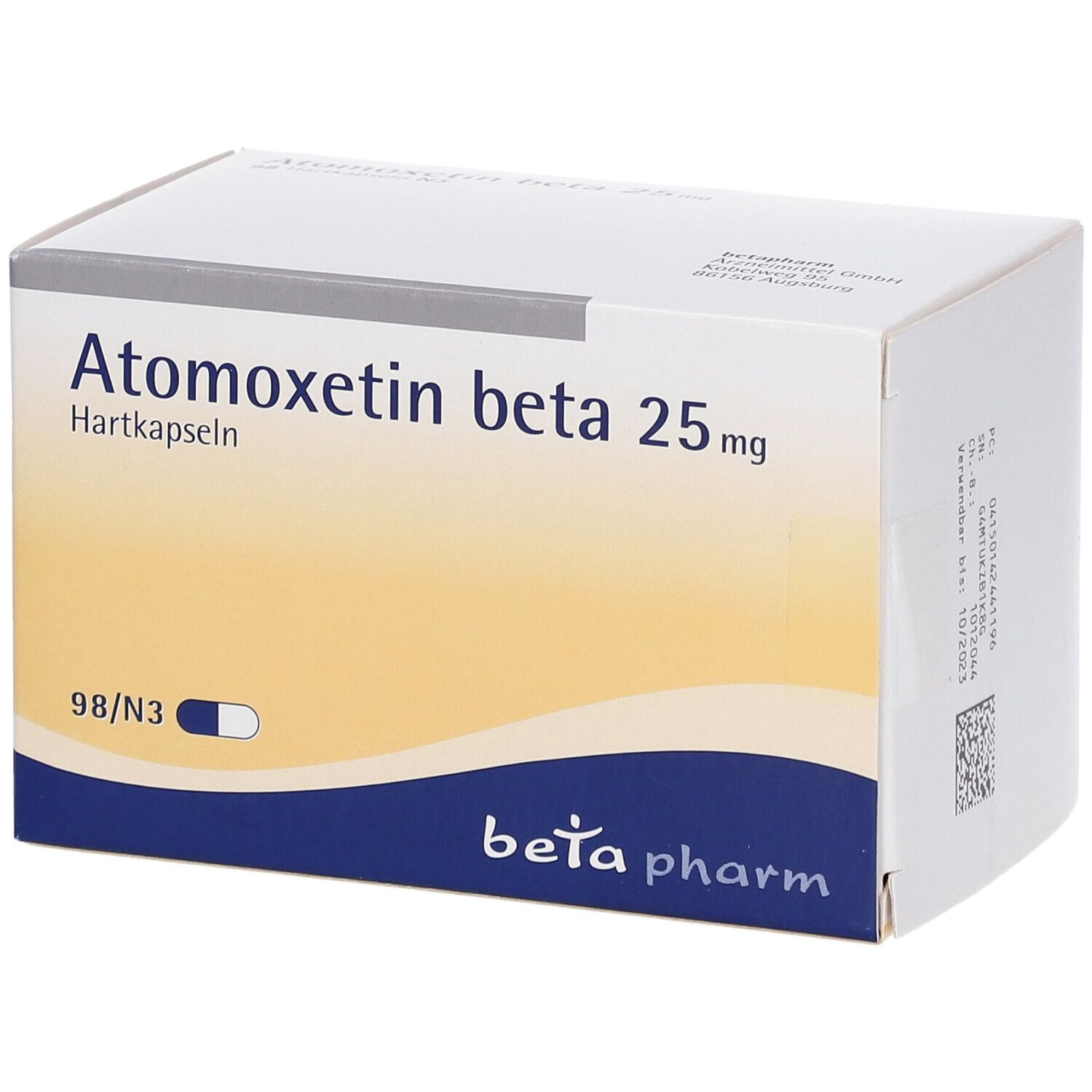 Atomoxetin beta 25 mg Hartkapseln-Packung. Weiß-gelbe Schachtel mit blauer und weißer Kapsel-Abbildung. beta pharm Logo.