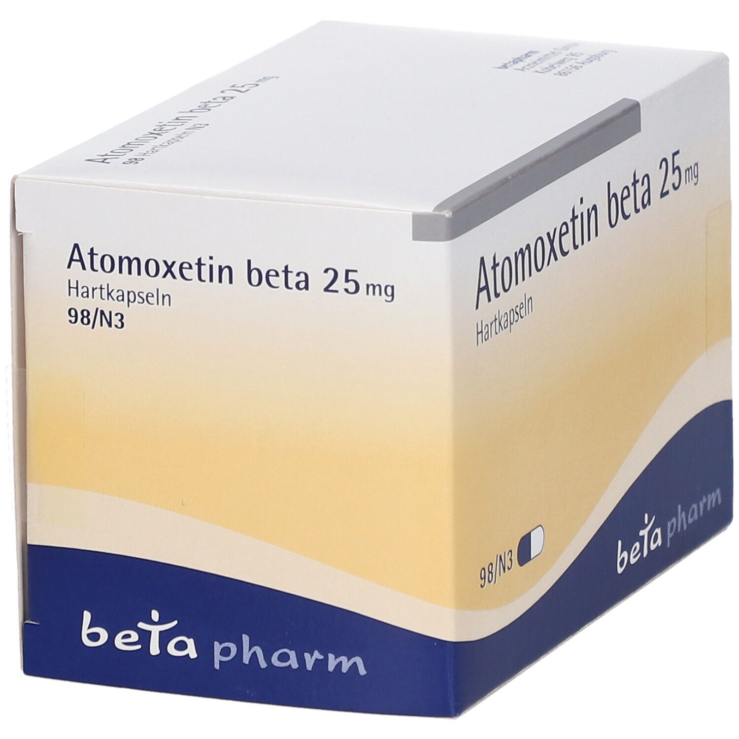 Atomoxetin beta 25 mg Hartkapseln-Packung. Schachtel mit blauem Boden, weißem Deckel und gelber Fläche. beta pharm Logo.