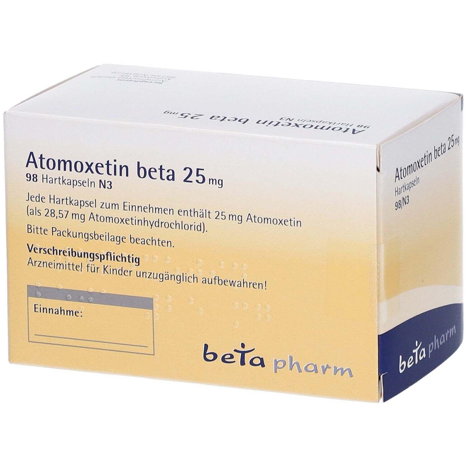 Atomoxetin beta 25 mg Hartkapseln-Packung. Text auf weißem Hintergrund. Enthält 98 Kapseln. beta pharm Logo.