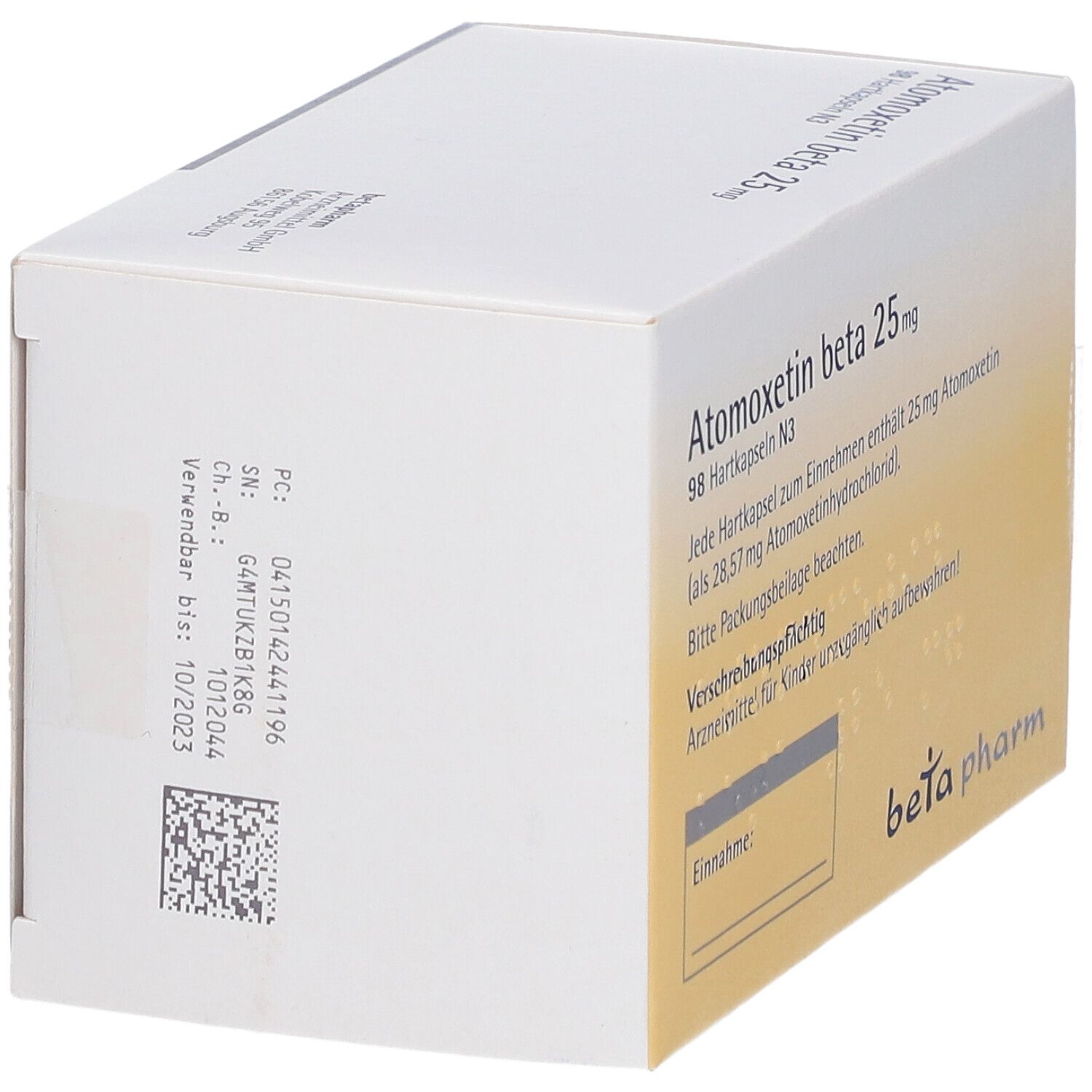 Rückseite der Atomoxetin beta 25 mg Packung. Text mit Chargennummer, Verfallsdatum und QR-Code. beta pharm Logo.