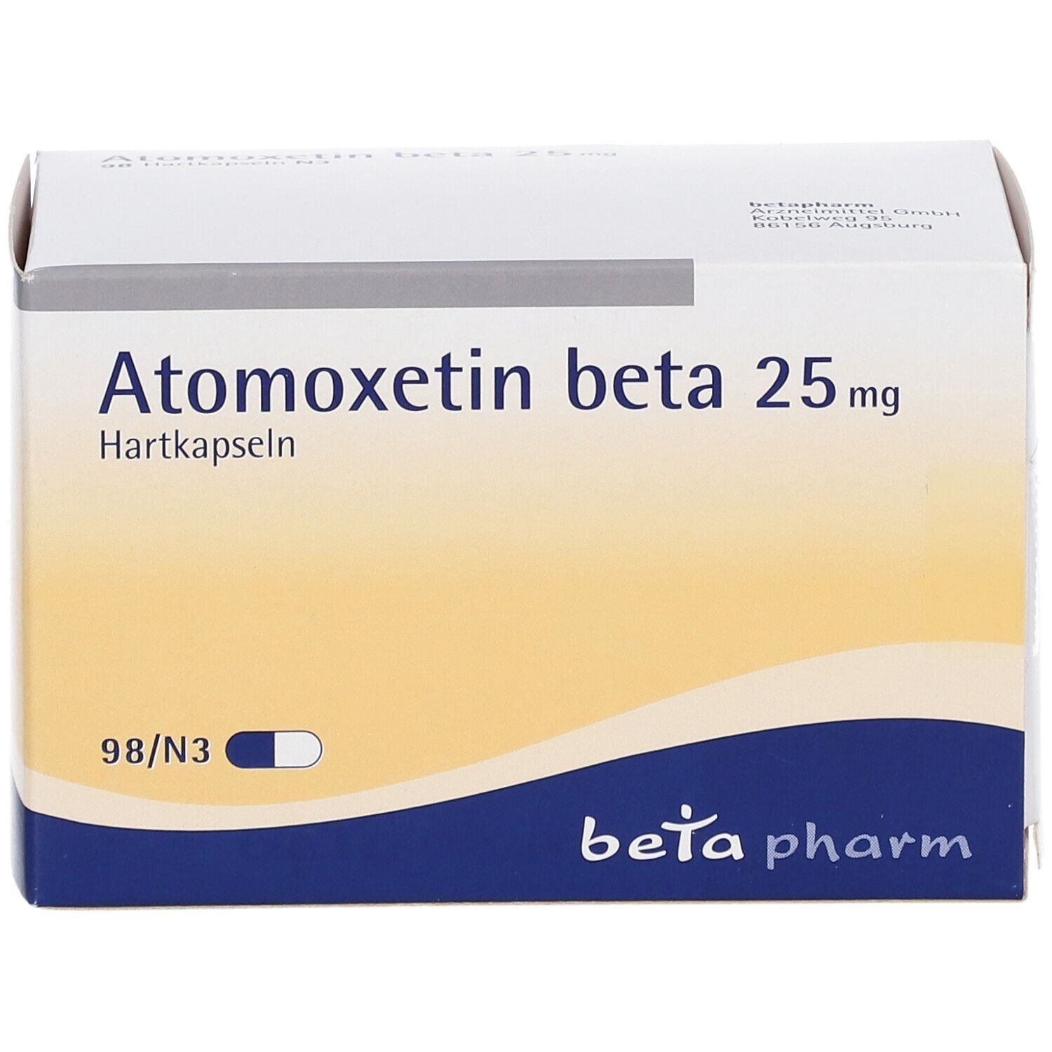 Atomoxetin beta 25 mg Hartkapseln-Packung. Weiße Schachtel mit gelbem Hintergrund und blau-weißer Kapsel-Abbildung. beta pharm Logo.