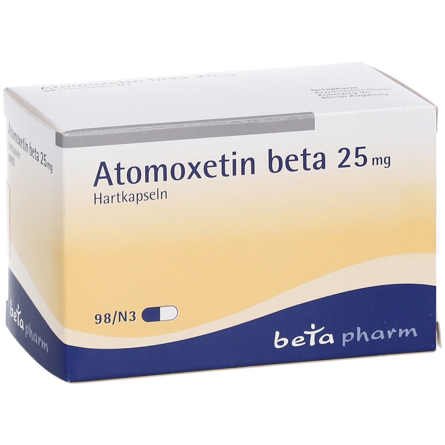 Atomoxetin beta 25 mg Hartkapseln-Packung. Weiße Schachtel mit gelbem Hintergrund. beta pharm Logo.