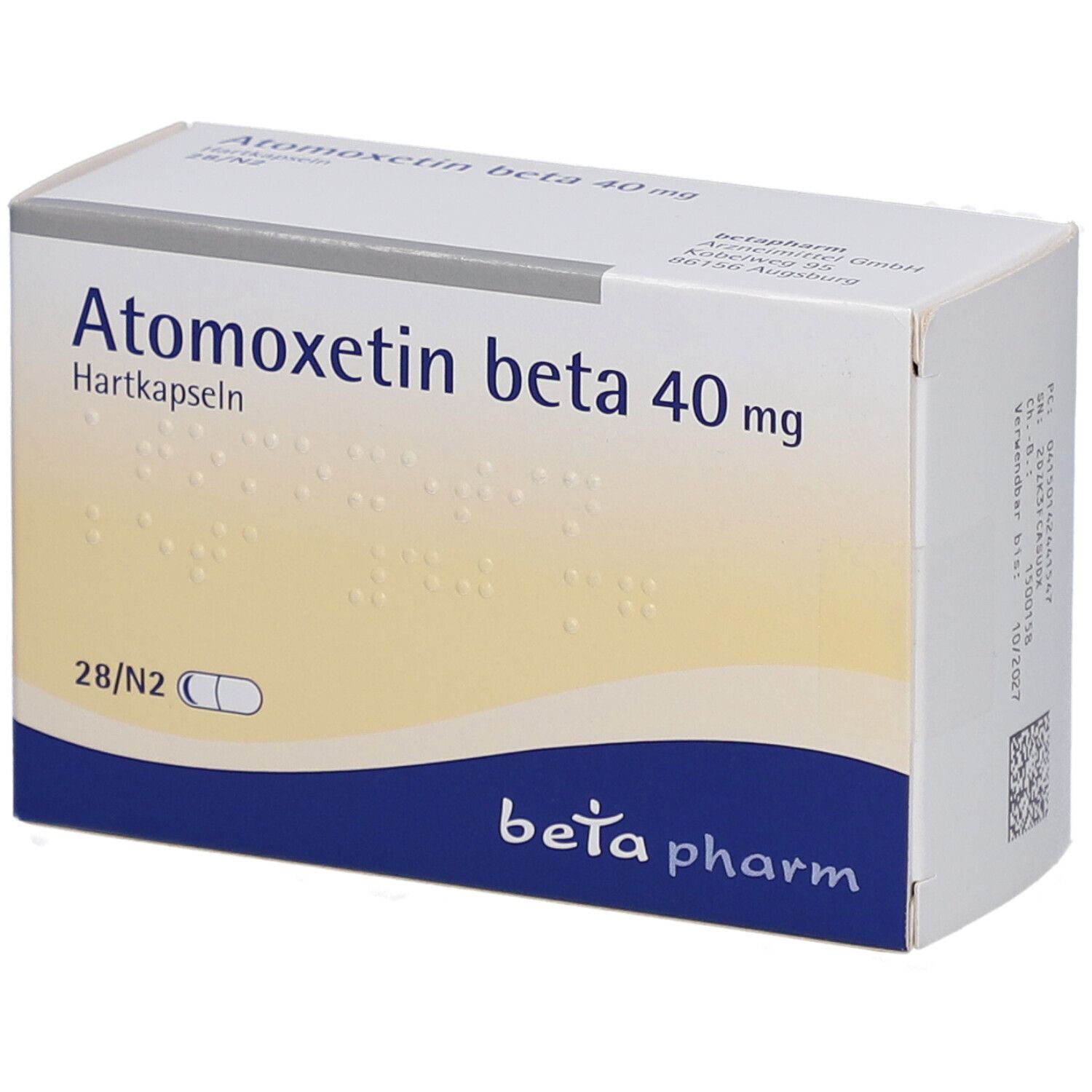 Atomoxetin beta 40 mg Hartkapseln-Packung. Enthält 28 Kapseln. Marke: beta pharm.