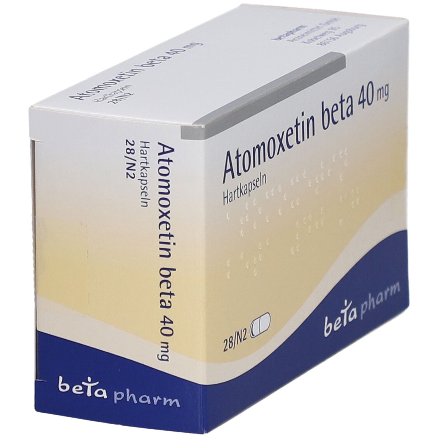 Atomoxetin beta 40 mg-Packung, schräg. 28 Kapseln. Marke: beta pharm.