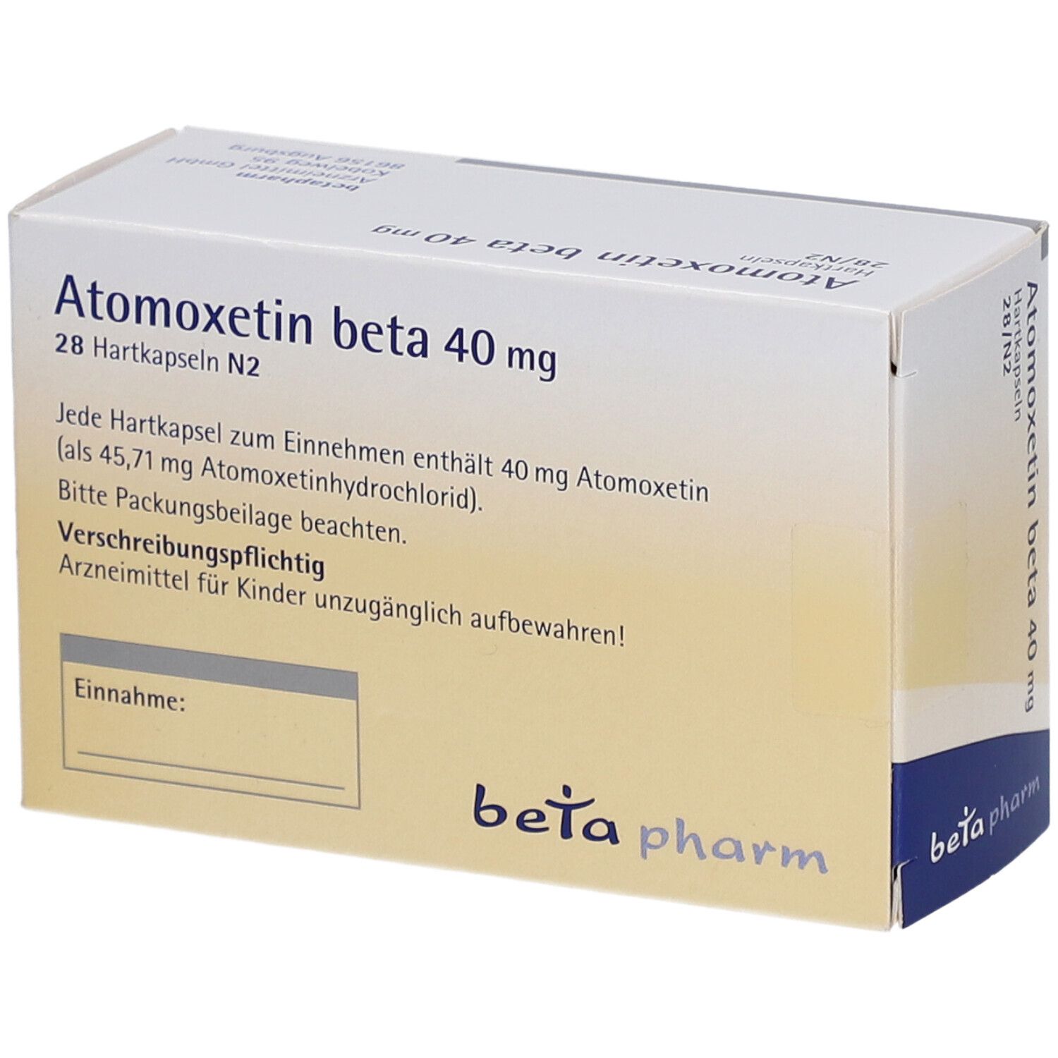 Rückseite der Atomoxetin beta 40 mg-Packung. Enthält Informationen und Marke beta pharm.