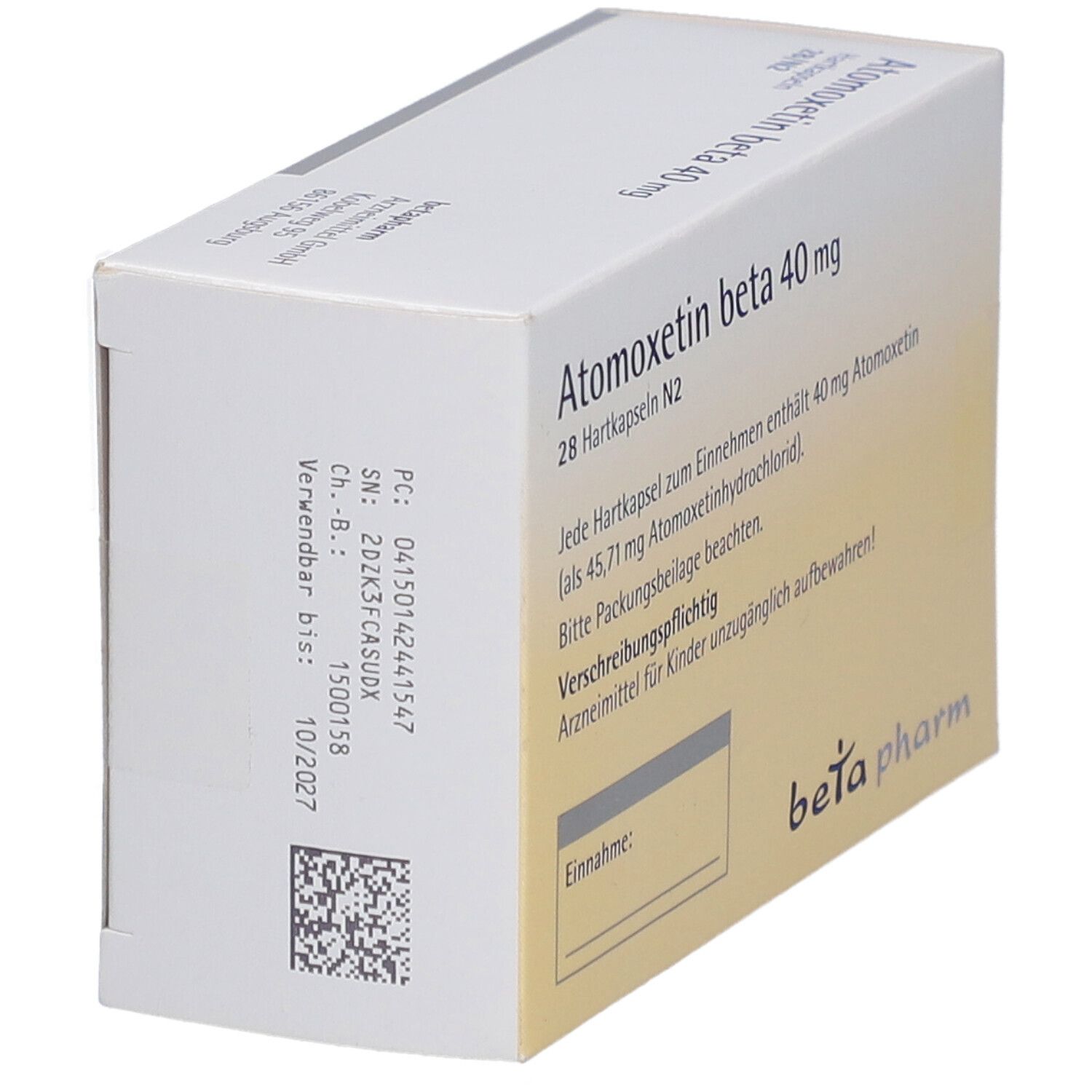 Seitenansicht der Atomoxetin beta 40 mg-Packung. Enthält Informationen und Marke beta pharm.